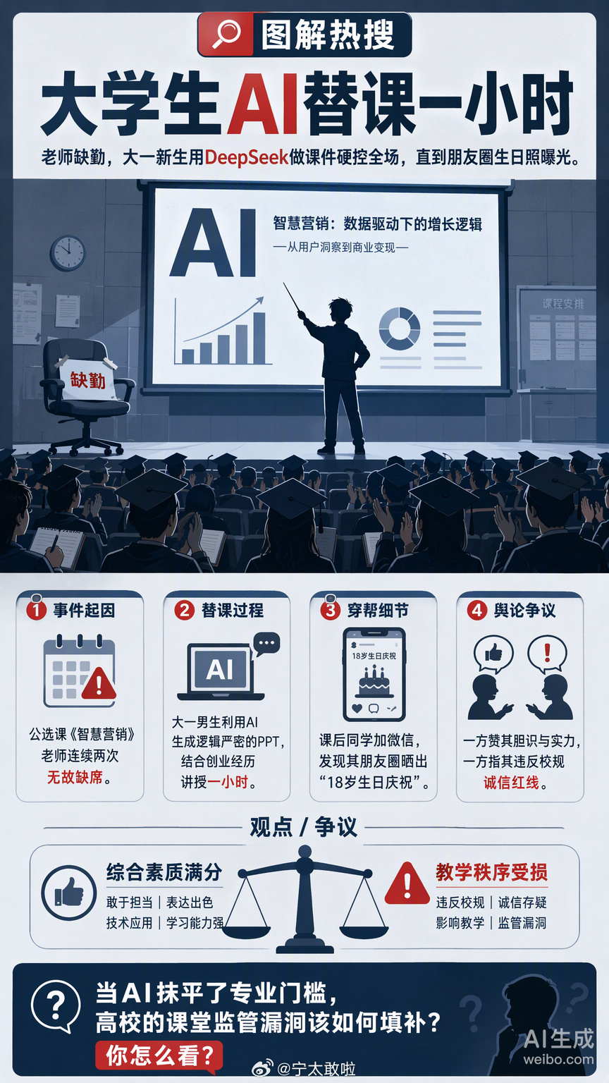 ber～这届大学生是真敢啊！[笑cry]

听说北京某高校一门公选课，老师连续两次“失踪”，结果一名大一男生直接上台顶替，用AI做了套逻辑严密的PPT，硬是讲满了一小时。台下同学听得津津有味，还有人课后求加群、要课件，直到看见他朋友圈晒出18岁生日照，大家才反应过来：合着刚才给我上课的是个刚成年 ​