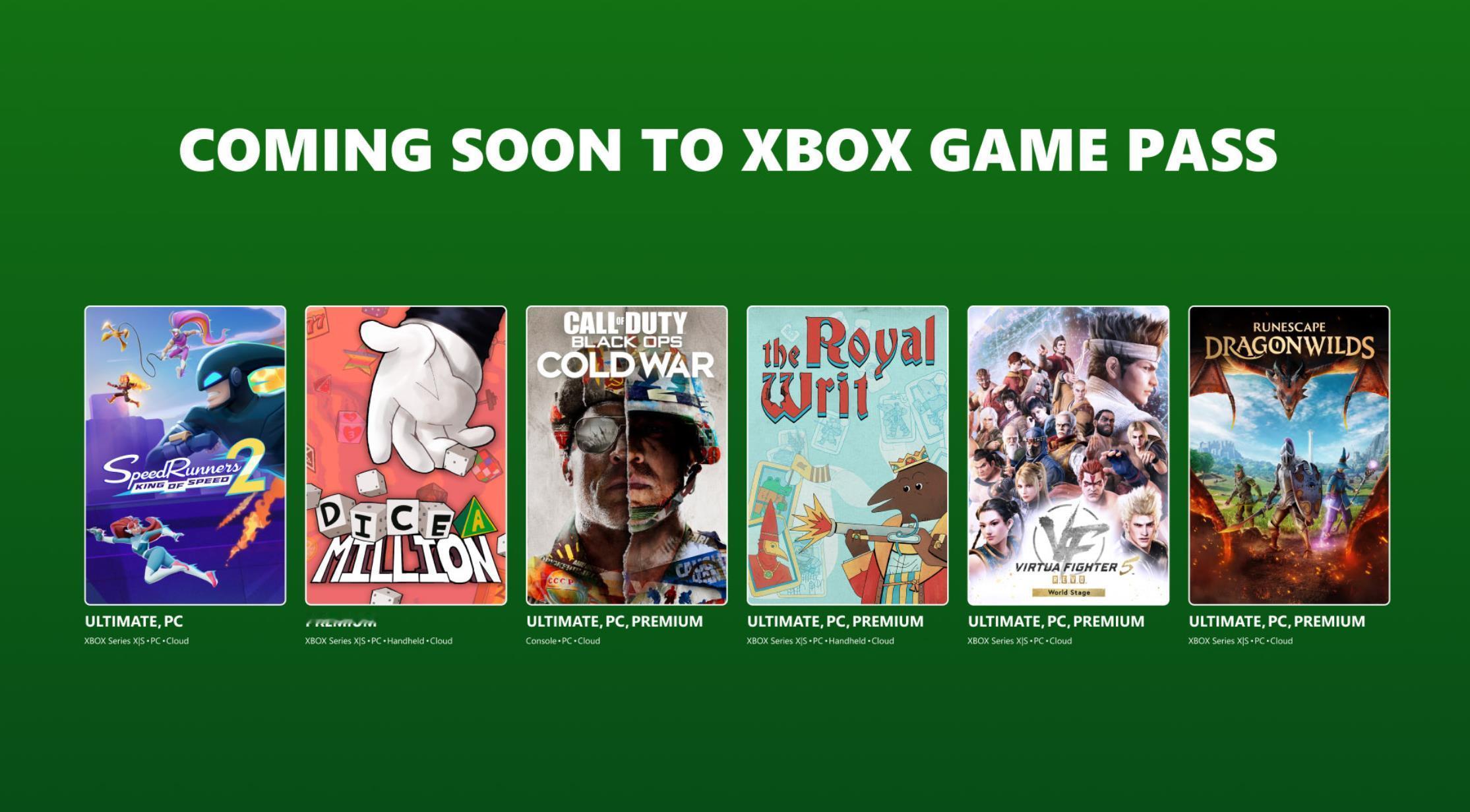 【9月第一波Game Pass新增游戏公布】微软公布了2026年9月第一波Game Pass新增游戏阵容，具体名单如下：
新加入游戏：
9月3日：《极速跑者2：速度之王》（云端/XBOX Series/PC，PGU/PGP，首发入库）
9月4日：《Dice a Million》（云端/XBOX Series/PC/掌机，现加入GPP）
9月8日：《COD：黑色行动 Cold W ​