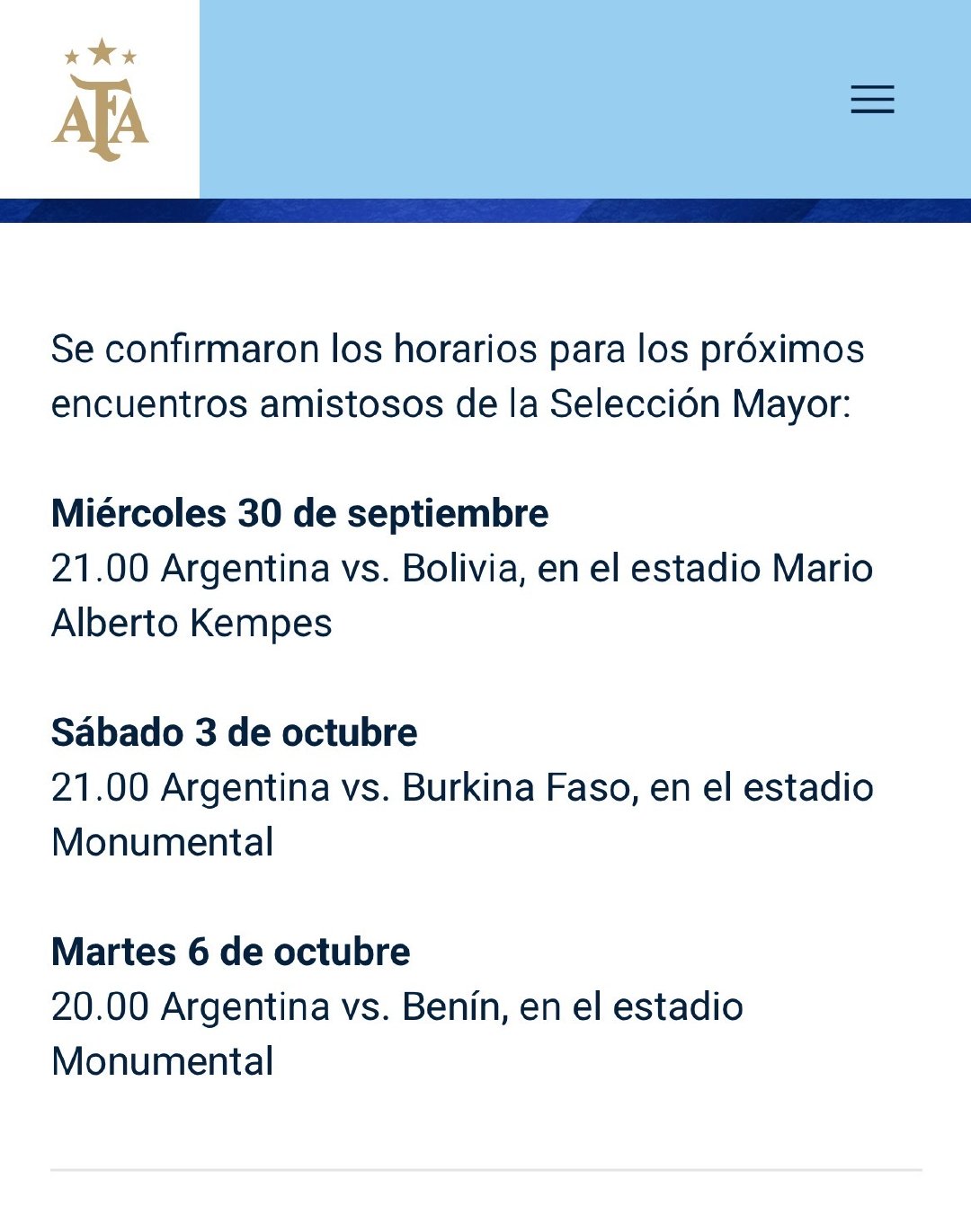 🇦🇷梅西代表阿根廷国家队最后一场比赛开球时间确定：

⏰北京时间10月7日上午7点 
⚽阿根廷🆚贝宁
🏟️纪念碑球场

阿根廷另外两场比赛开球时间分别为10月1日上午8点对阵玻利维亚、10月4日上午8点对阵布基纳法索！

#阿根廷vs贝宁# ​