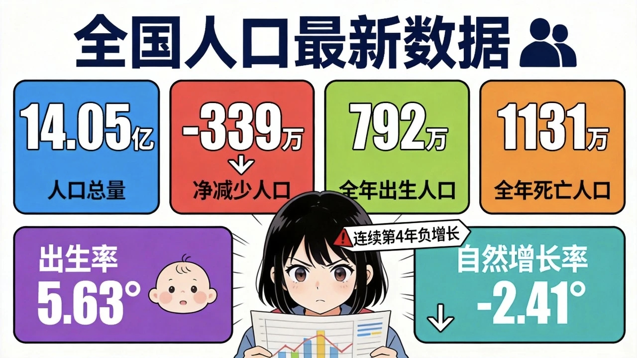 ▪️全国总人口：140545万人（14.05亿）
▪️男性：71722万｜女性：68823万
▪️2025全年出生人口：792万人
▪️2025全年死亡人口：1131万人
▪️全年人口自然减少：339万人
 
一边是14亿级别的超大市场规模，消费、劳动力底盘雄厚；
另一边少子化、老龄化持续推进，养老