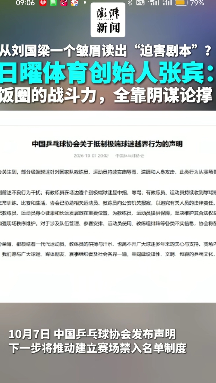澎湃新闻:刘国梁一个皱眉，就会被解读出“迫害剧本”，饭圈的战斗力，全部源于他们的脑补和阴谋论撑着。

我觉得澎湃新闻说得非常正确。

例如:王皓亲了林诗栋一口，饭圈们就各种阴谋论，认为王皓忘恩负义，对王楚钦不好；还认为是王励勤故意让我王楚钦输的，目的是为了捧林诗栋。

饭圈们说的这些都是根据某个画面