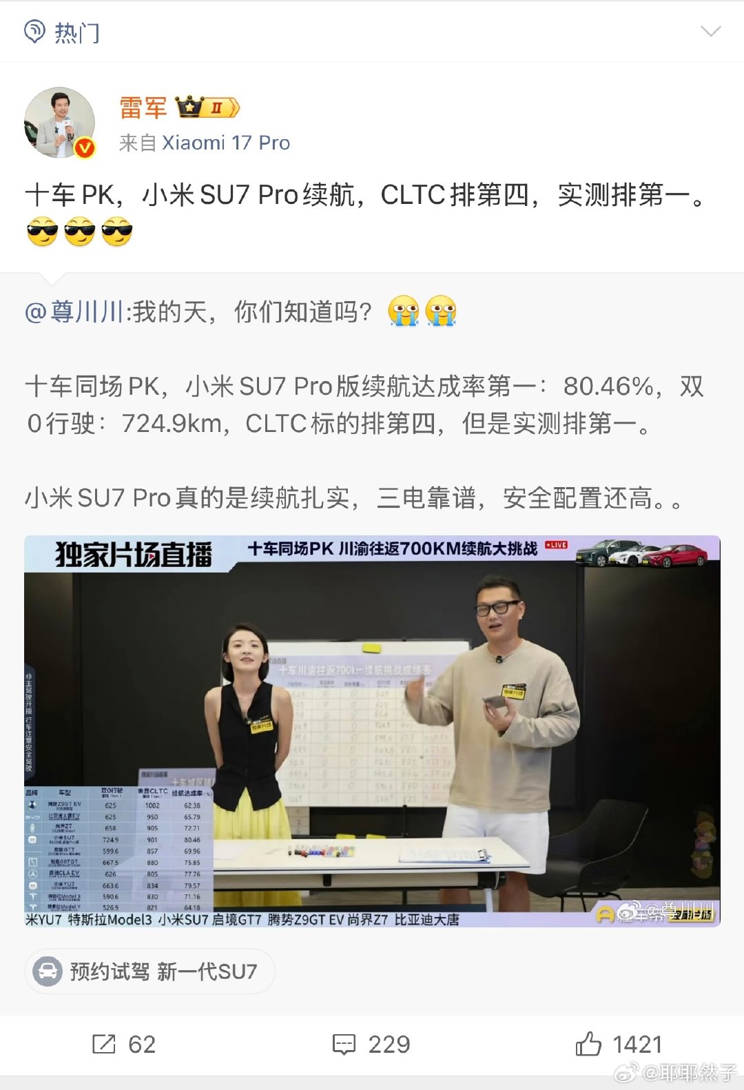 一群人为了黑而黑 次次被打脸 专业数据不看 只看自己想看到的
小米su7pro续航实测第一
续航达成率高达80.46% 遥遥领先其他品牌 这下还有啥说的 “only xiaomi can do” ​