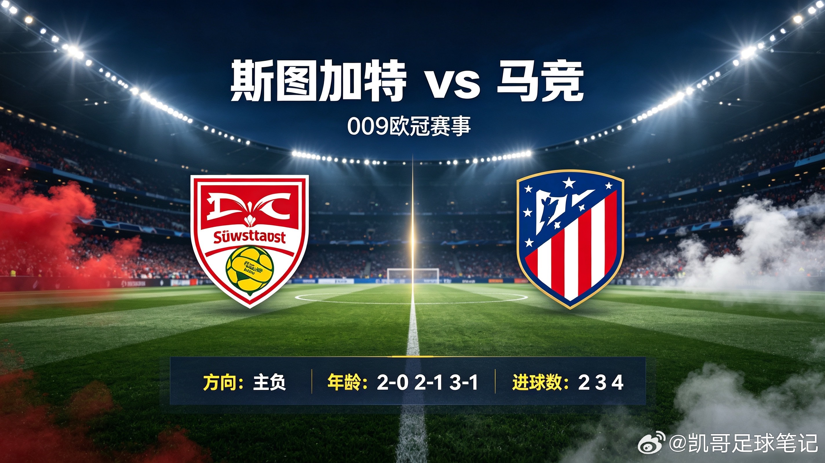 斯图加特vs马竞
009欧冠赛事
方向：主负
年龄：0-2 1-2 1-3
进球数：2 3 4
主负的核心原因解析：

斯图加特看点：主场进攻火力不俗，节奏推进快，擅长主动冲击对手防线。
隐患：联赛状态不稳，防守体系存在短板，抗压能力较差。

马竞看点与隐患：近期连胜状态极佳，防守韧性拉满，攻防转换效率极高， ​