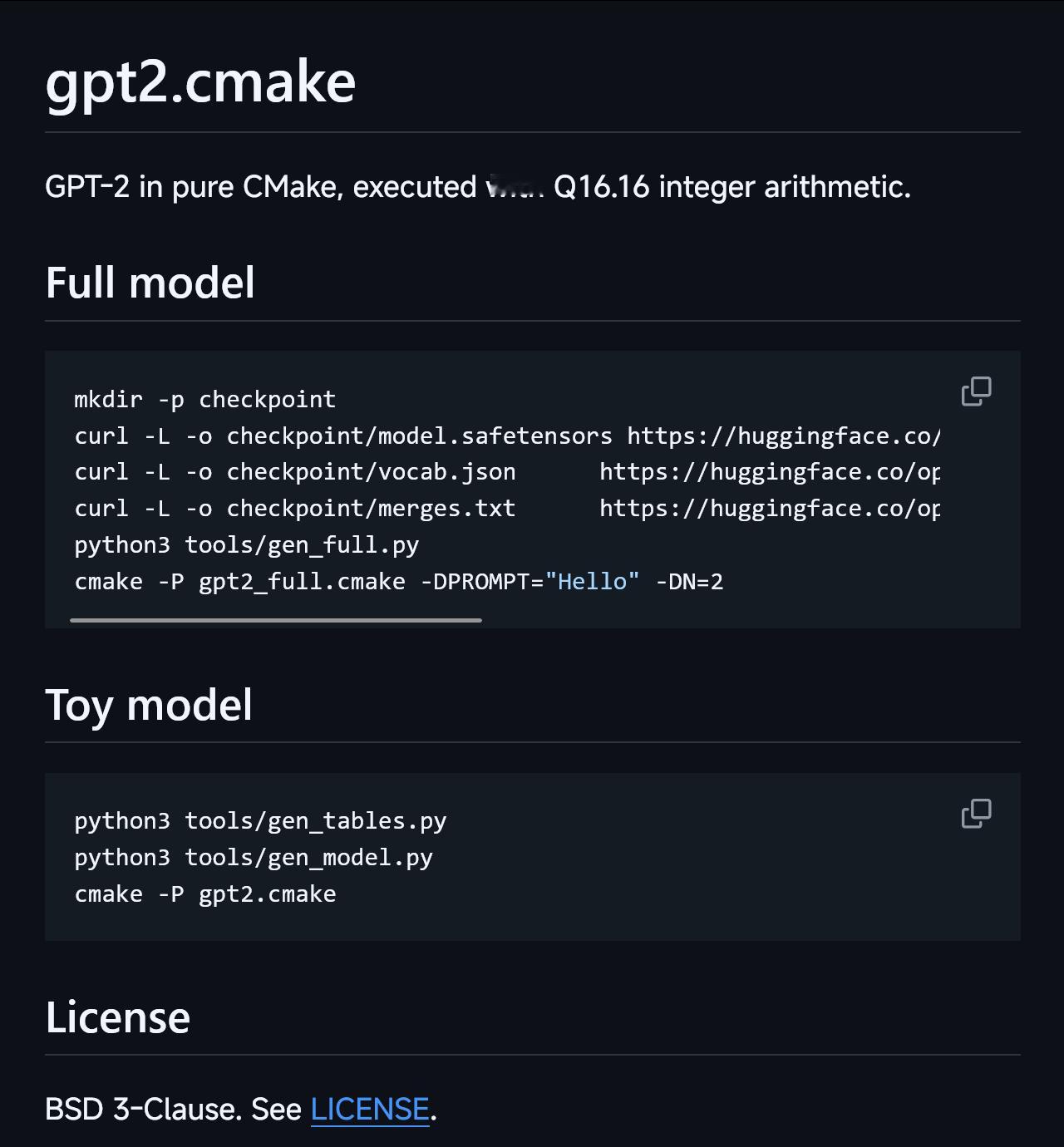 奇技淫巧之用CMake实现一个 GPT-2 推理引擎
地址：github.com/AlpinDale/gpt2.cmake

作者把 GPT-2 的 embedding、LayerNorm、multi-head causal attention、GELU MLP、softmax、矩阵向量乘法、BPE tokenizer、KV cache，全部写成了 .cmake 脚本，并通过 cmake -P xxx.cmake 直接执行。为了绕开 CMake  ​