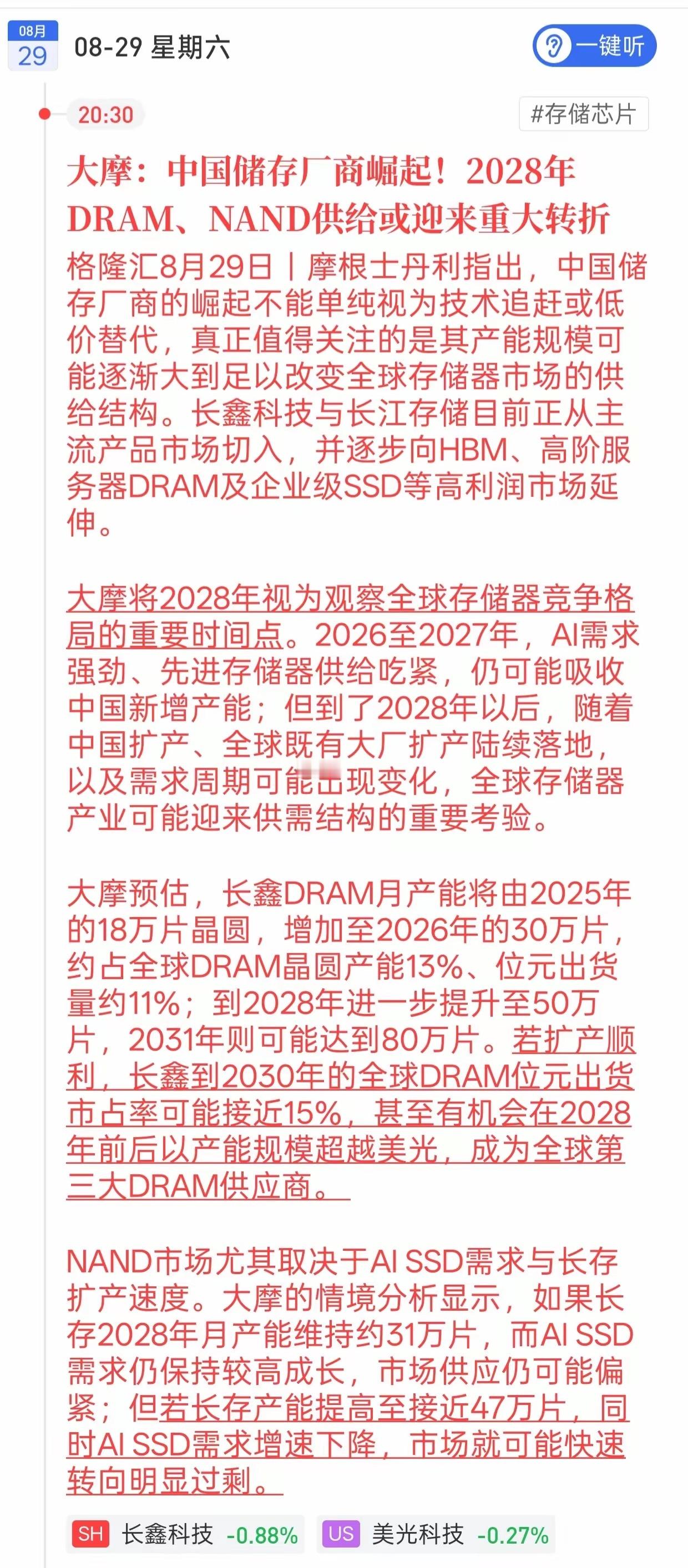 大摩重磅研判！存储芯片赛道中长期逻辑彻底变了
​​大摩抛出重要观点，2028年会成为全球存储市场的分水岭，这件事直接影响A股存储板块。
​​国内存储大厂产能正在快速扩张，长鑫、长江存储不光抢占普通市场，还往HBM、服务器DRAM这些高利润AI赛道发力。按照机构测算，长鑫产能持续爬坡，未来有望跻身 ​
