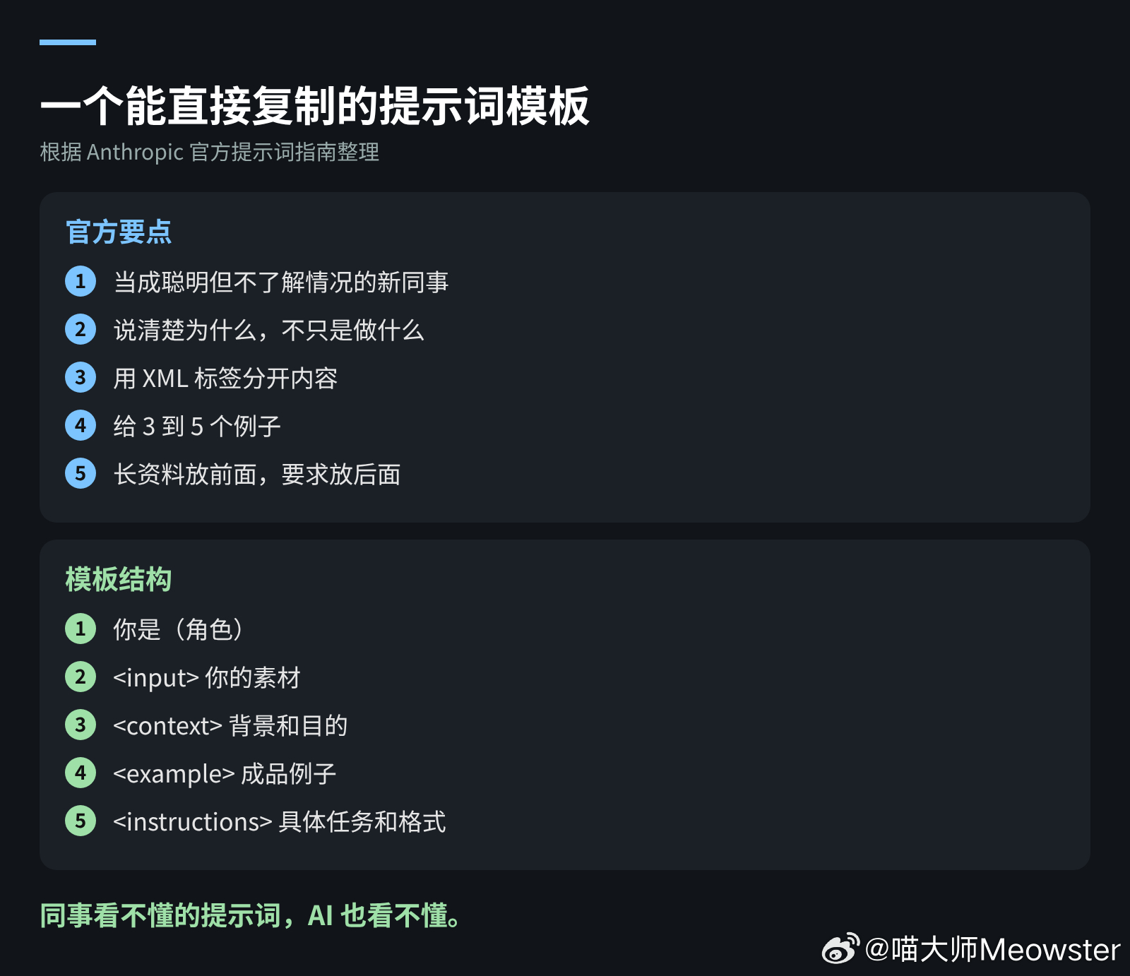 很多人觉得 AI 不好用，其实是提示词没写清楚。Anthropic 官方的提示词指南里有几条特别实用的建议，我把它们整理成了一个能直接复制的模板。

先说官方的几条要点：
1、把 AI 当成一个很聪明、但不了解你情况的新同事，说得越具体越好
2、告诉它为什么要这样做，不只是要做什么
3、用 XML 标签把不同 ​