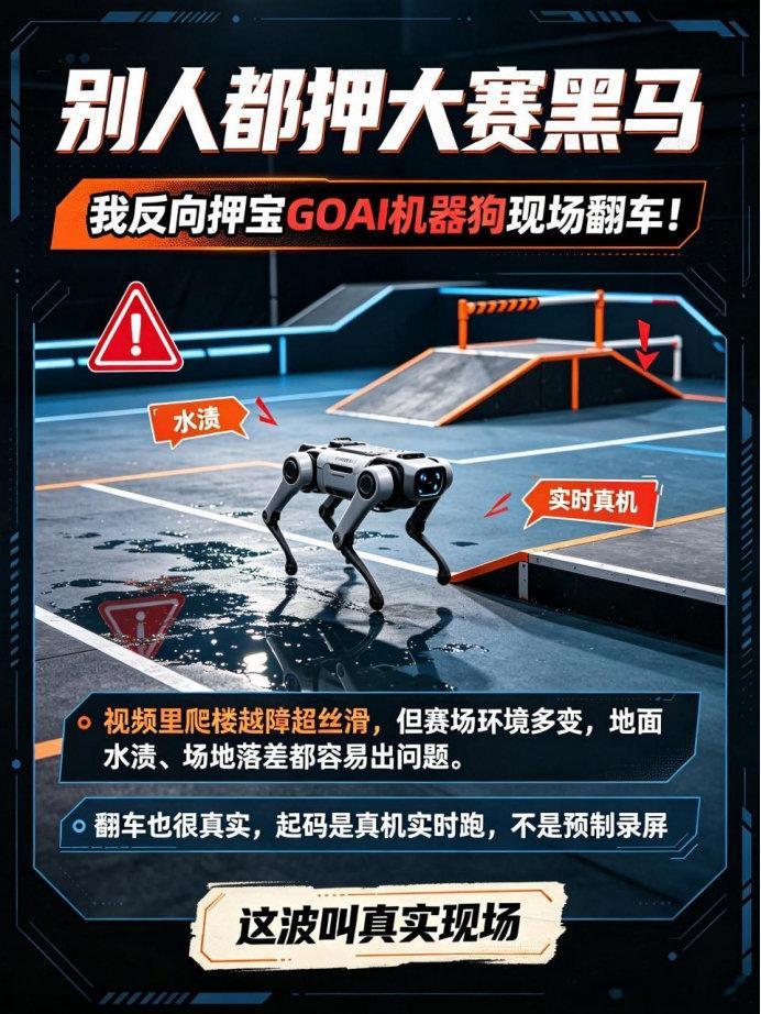 别人都押大赛黑马，我反向押宝GOAI机器狗现场翻车！
视频里爬楼越障超丝滑，但赛场环境多变，地面水渍、场地落差都容易出问题。
翻车也很真实，起码是真机实时跑，不是预制录屏
#世界人工智能开源大赛##GOAI# ​