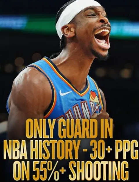 NBA官方：后卫中独一无二！SGA单赛季场均30+，命中率55%  N...