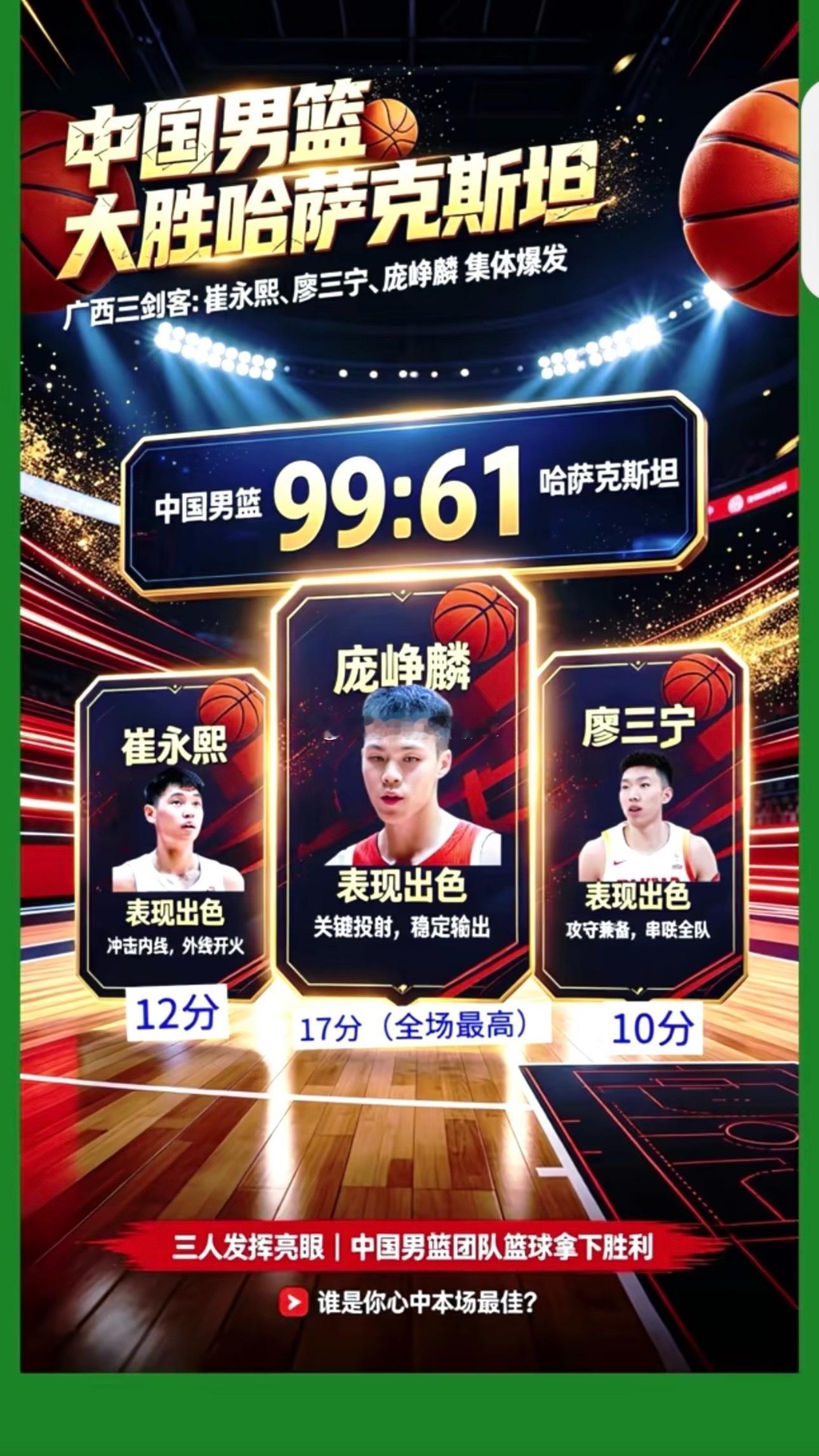 #精彩亚运会# 

中国男篮赢得开门红
开门见山！中国男篮亚运会首战直接打疯了，99比61大胜哈萨克斯坦，38分的差距让对手毫无还手之力。比赛一开场，球队就亮出獠牙，首节轰出一波14比0的进攻高潮，单节31比12领先19分，直接把比赛打花。这哪是首秀，分明是宣告王者归来。
李弘权这场手感烫得发红，9投7 ​