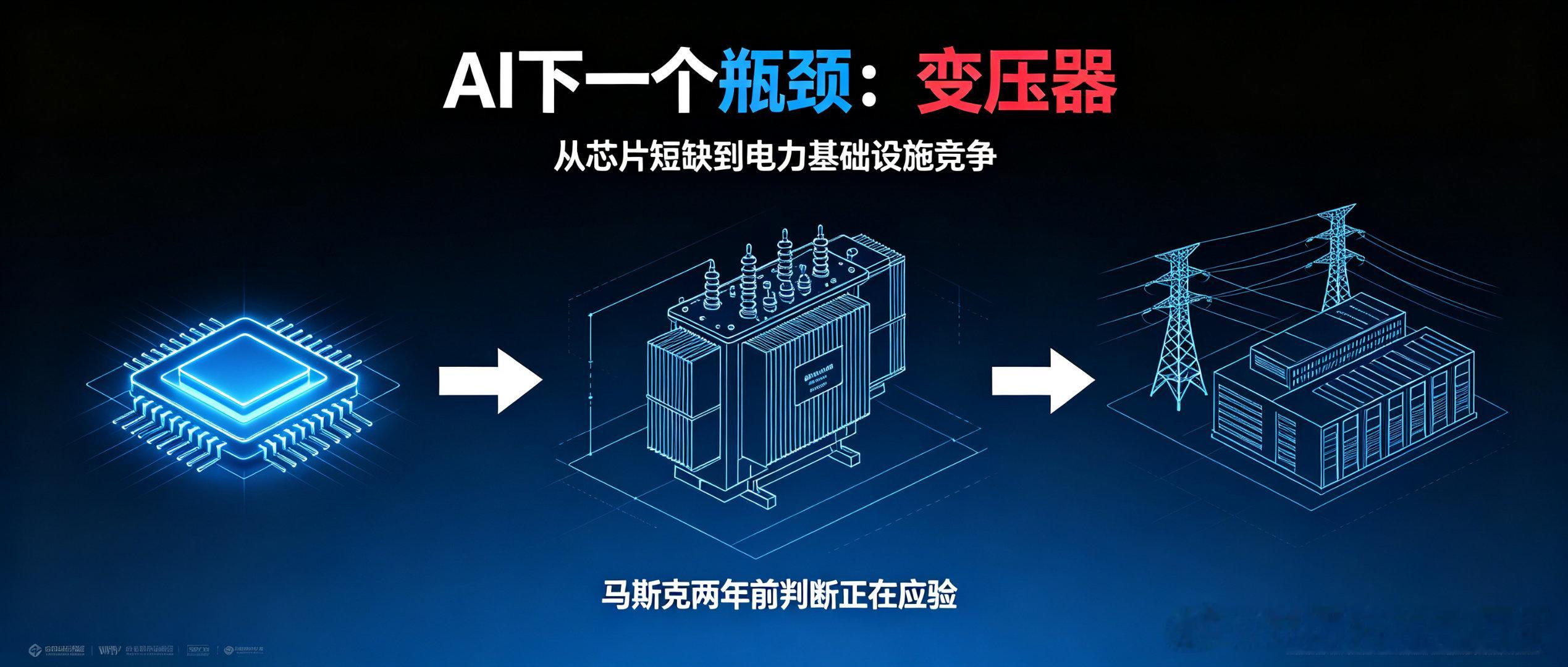 人工智能时代到底拼的是什么？2别只盯着GPU！马斯克提示：AI下一个缺口是变压器
         两年前，马斯克的一番判断当时很多人没放在心上：AI最先遭遇短缺的是芯片，下一个紧缺的会是降压变压器，终极瓶颈才是电力。
 
在AI浪潮初期，全球目光都聚焦GPU芯片的争夺。但随着大规模智算中心落地，大家才发 ​