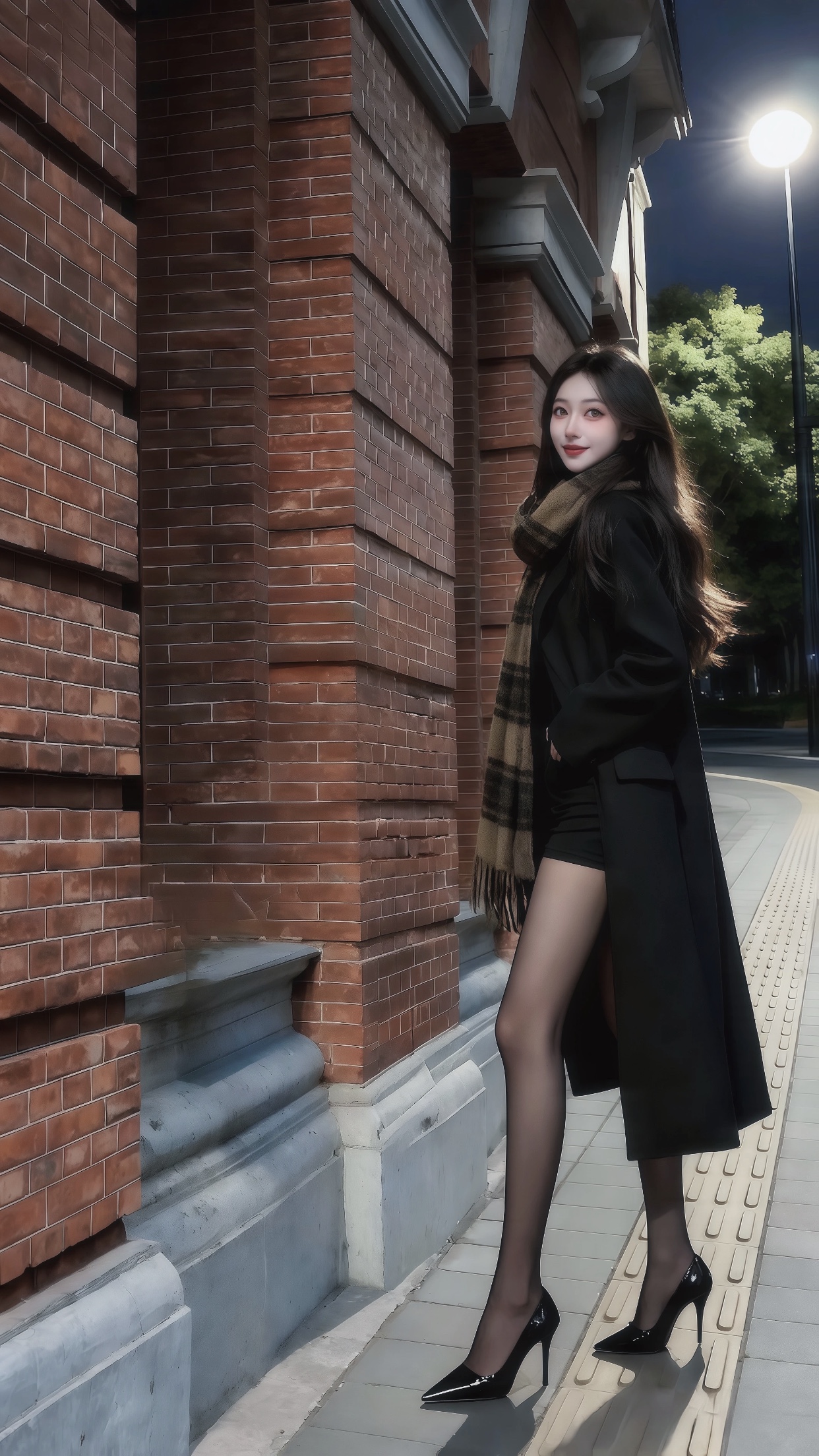 黑衣黑裙，优雅行走在红砖街头。
