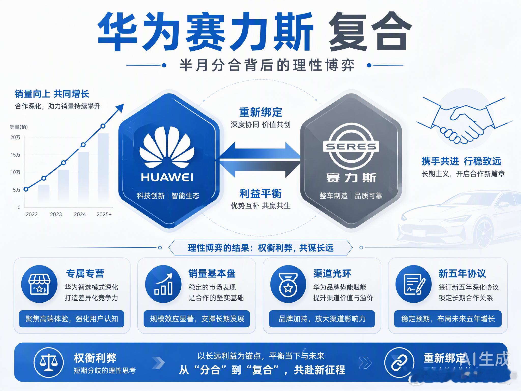 华为和赛力斯这出“半月复合记”看得人心里五味杂陈。

半个月前还在官宣“专属专营”，把运营权交给赛力斯，搞得像是一场体面的“分手”。结果9月30日，余承东和张兴海又坐在了一起，签下了新五年的合作协议。

其实哪有什么简单的破镜重圆，不过是成年人世界里权衡利弊后的重新绑定。问界占了鸿蒙智 ​