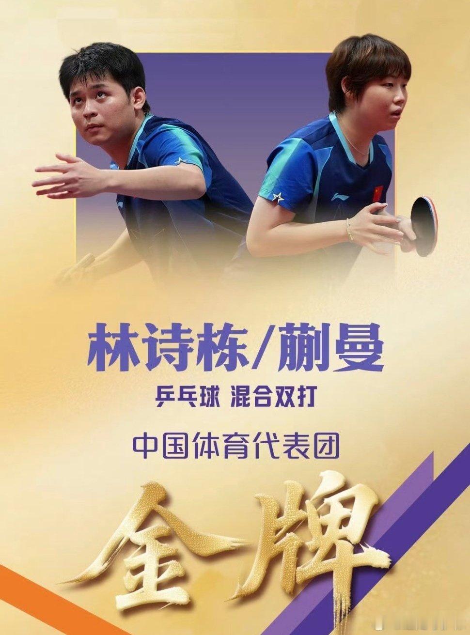 #林诗栋蒯曼金牌#名古屋亚运会兵乓球混双决赛在两对中国组合之间展开，中国队提前包揽混双冠亚军，林诗栋/蒯曼以4-0横扫卫冕冠军王楚钦/孙颖莎，首夺亚运会混双金牌，这也是中国代表团在本届亚运会的第106金，恭喜，祝贺！#王楚钦孙颖莎vs林诗栋蒯曼# ​