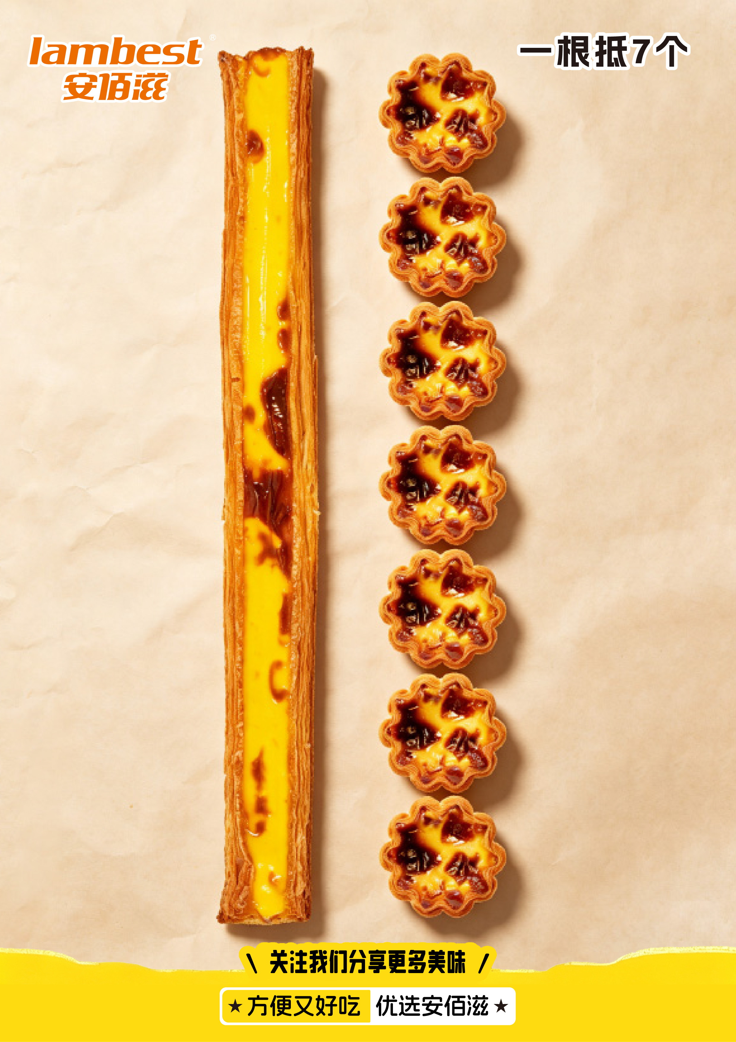 一根蛋挞 60 厘米长，是什么体验？

不是拼的，是一整张皮烤出来的——8cm×60cm，160g 一片，倒七分满蛋挞液，平炉 235/210℃ 烤 30 分钟。

为什么要做这么长？因为蛋挞在店里都长一个样，顾客拿起手机都懒得拍。一根端上桌，快门先动了。整根摆着镇场，切开按份卖，定价权在自己手里。