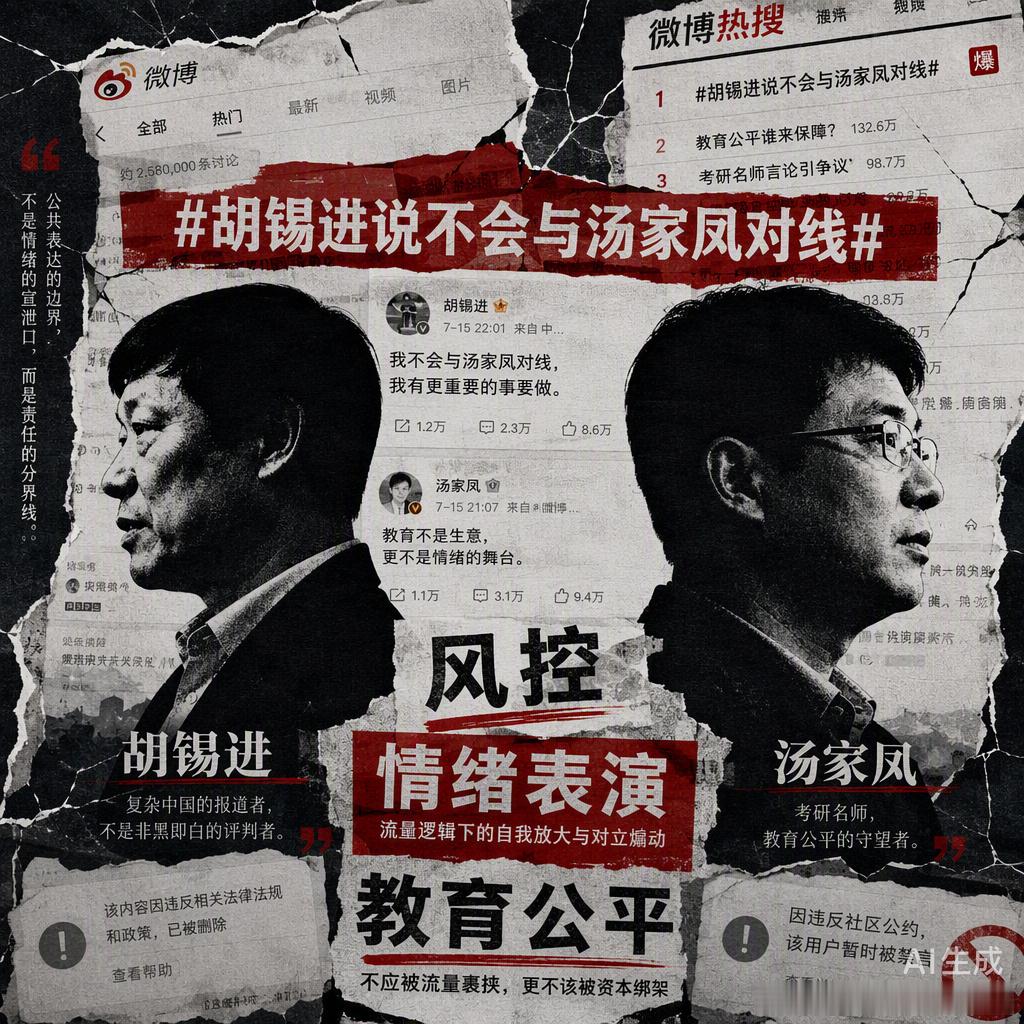 胡锡进拒绝汤家凤的辩论邀约，这不仅是个人选择，更像是一场关于公共表达边界的“风控”实验。

在流量为王的时代，对线往往沦为情绪的表演。汤老师那套“极端民族主义”的标签，本质上是用非黑即白的逻辑去置换复杂的教育议题。老胡那句“不会恋战”，其实是在给理性留余地——他清楚，当讨论变成擂台 ​