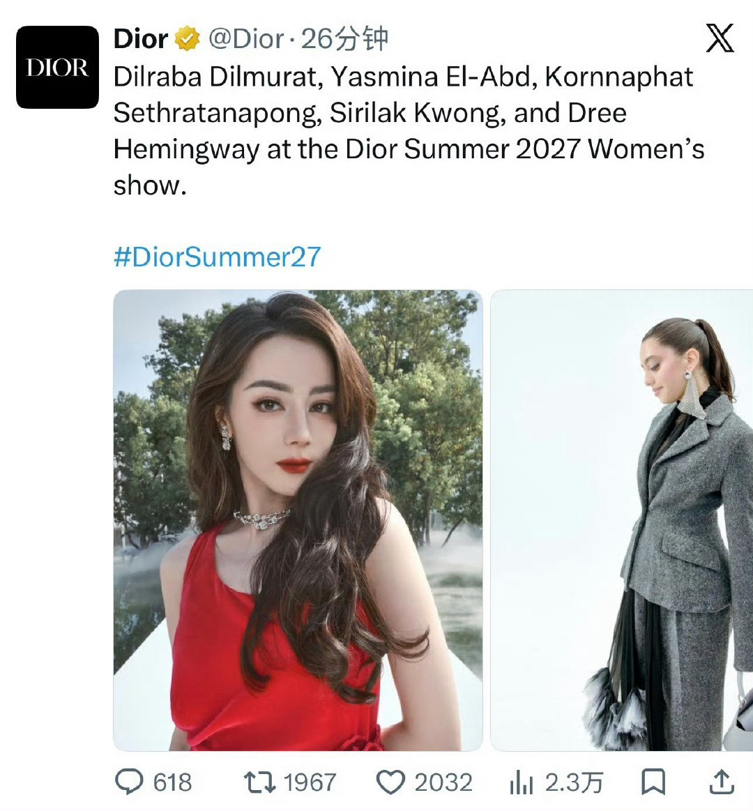 迪丽热巴再度拿下Dior外网领衔认领！🔥 

#迪丽热巴Dior首图# ​
