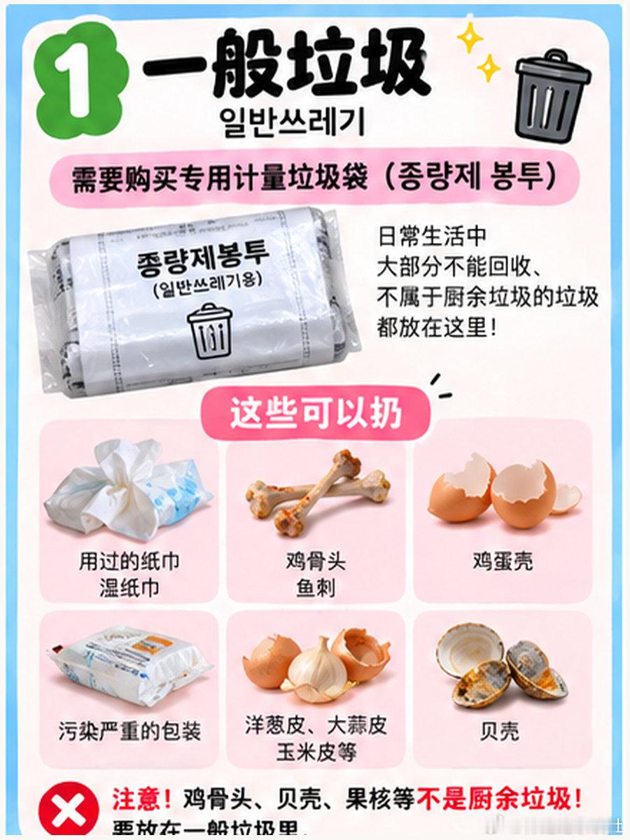 在韩国生活，扔垃圾可不是随便找个垃圾桶就行！

鸡骨头、剩饭、塑料瓶、快递纸箱，到底应该怎么分类？今天就用一分钟介绍一下韩国的垃圾分类方法。

准备来韩国打工、留学或者生活的朋友，可以提前了解一下。

#韩国生活##韩国打工##韩国日常##垃圾分类##韩国观察# ​
