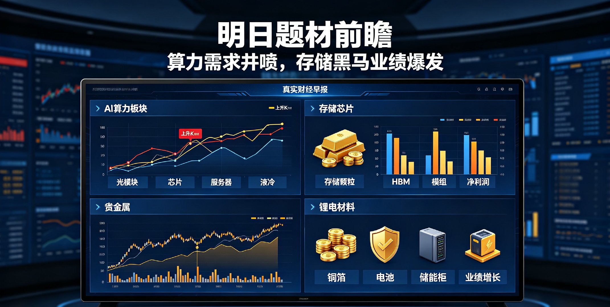 算力需求井喷，存储黑马业绩爆发

盘后利好集中出炉，几条主线值得重点留意，但也要注意当下市场轮动快，切忌盲目追高。

第一，AI算力赛道，光模块龙头中报大超预期，高景气拿到实锤。国产算力芯片企业即将开启IPO询价，自主可控节奏加快。算力需求正从训练往推理扩散，光模块、服务器、液冷都有望受 ​