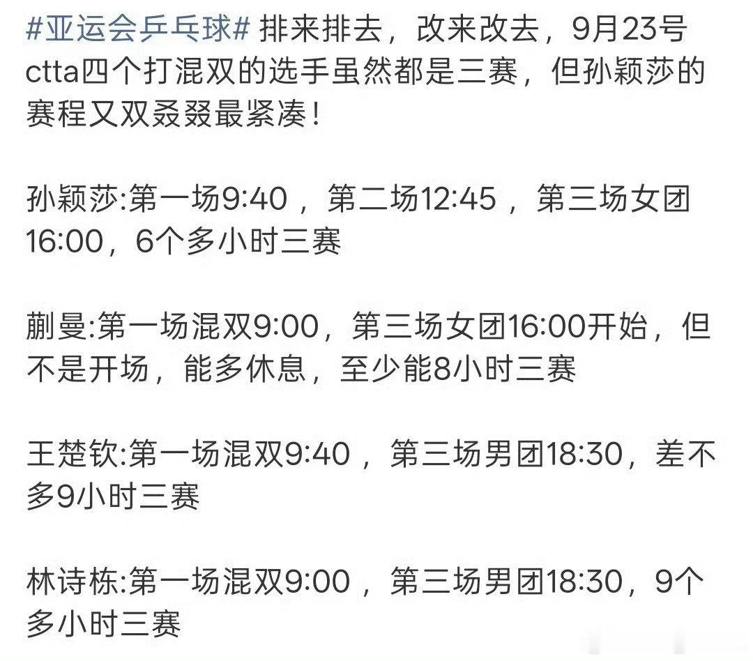 #亚运乒乓球女单#
让一个因伤退5000分比赛，三个月都在康复治疗的运动员刚回归赛场就面临三小时两场比赛，六小时三赛这种极限赛程消耗，还要拖着fw32打最难的【七局四胜】混双！

反观队友➕对手呢，最轻松的赛程和【五局三胜】兼项，这本身就是一种职场霸8凌0和不公平对待竞争！#孙颖莎魔鬼赛程# ​