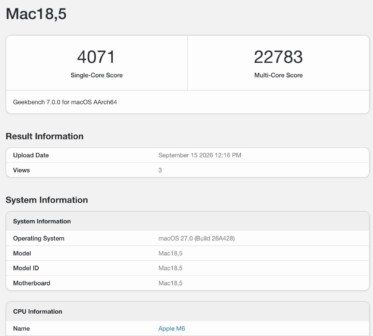苹果 M6 处理器 GeekBench 7 跑分，对比 M3 Max，单核碾压多核持平 ​