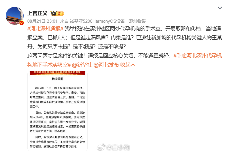 #涿州代孕事件 内鬼#细思极恐😨打拐志愿者上官正义卧底半年，扒出河北涿州号称 “北方最大” 地下代孕黑窝点。两次举报，两次精准跑路❗执法人员还没到场，窝点人员全部撤离。核心人物王某丹，举报当天直接从大兴机场飞往新加坡，直接出境。网友最大疑问：到底是谁提前通风报信？窝点乱象曝光：存在 ​