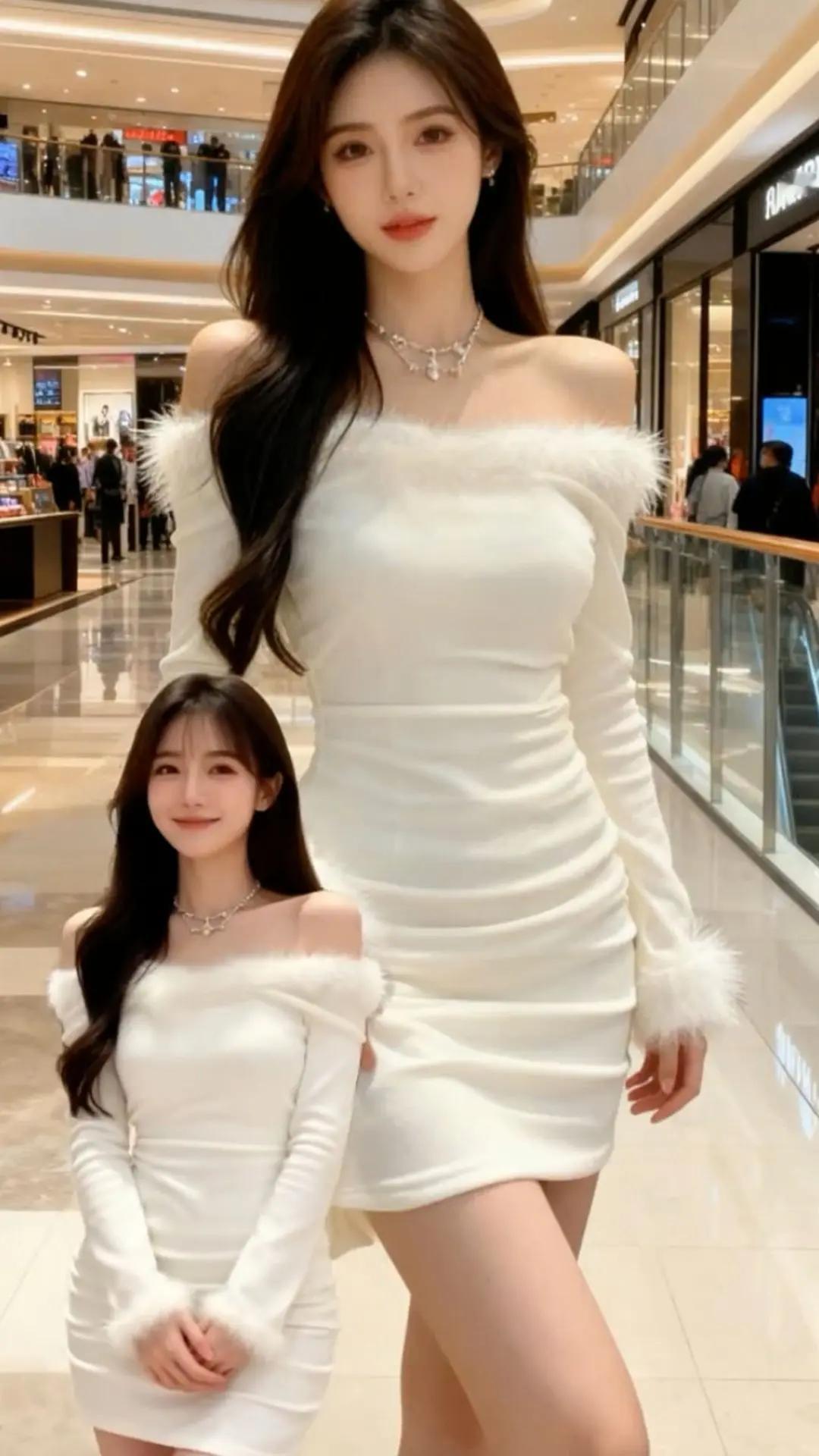 性感辣妹一字肩白色毛领长袖连衣裙纯欲气质御姐范收腰显瘦包臀裙