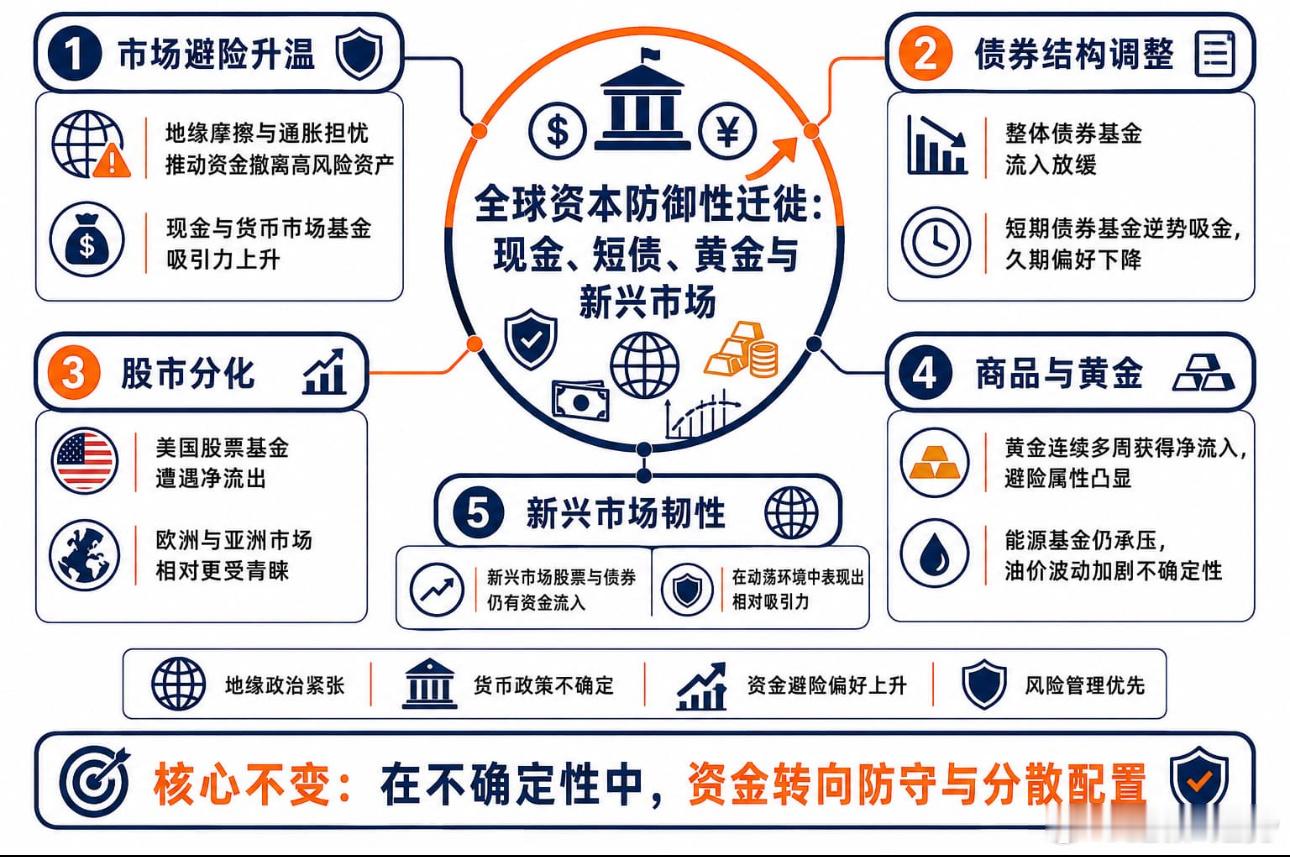 #黄金[超话]#  当前全球地缘紧张叠加货币政策不确定性，市场资金整体转向防御。截至9月2日当周，全球资金持续撤离高风险资产，大幅增持现金与短债避险。

中东局势升温推升油价冲高，加剧市场通胀担忧，让美联储政策路径再度不明朗。同时美联储官员释放偏鹰表态，通胀未达目标前仍保留收紧空间，直接引 ​