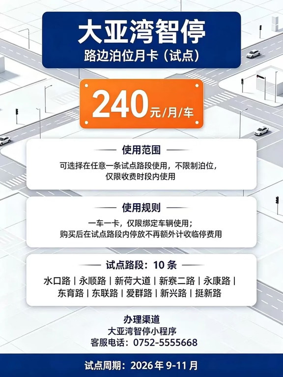 惠州市大亚湾智停路边泊位月卡试点