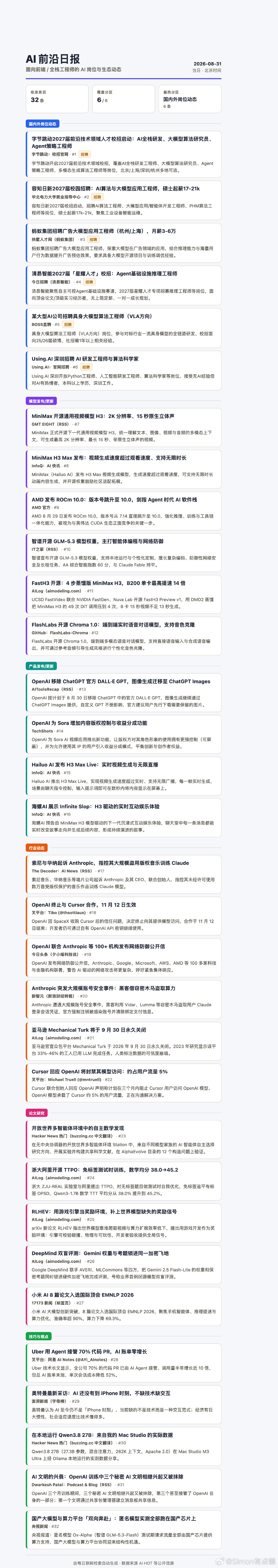 Simon有点懒Ai日报：字节跳动2027届前沿技术领域人才校招启动；MiniMax H3 Max 发布；AMD 发布 ROCm 10.0…… ​