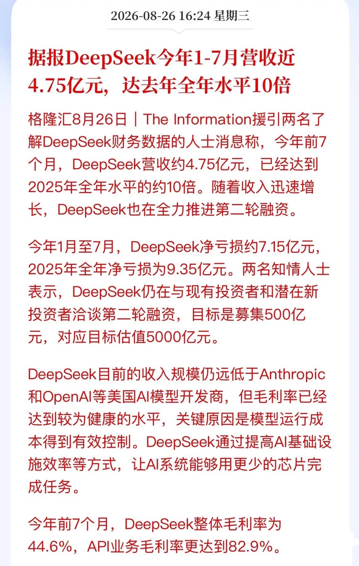 DeepSeek杀疯了！营收暴增10倍，毛利率82.9%，A股这帮“卖铲人”先躺赢

最新数据够劲爆：今年前7个月，DeepSeek营收干到4.75亿，是去年全年的10倍。

但别只看营收，同期净亏7.15亿，去年全年才亏9.35亿。烧钱一点没含糊，还是用亏损换增长的打法。

最牛的是毛利率：API业务82.9%，整体44.6%。亏是亏 ​