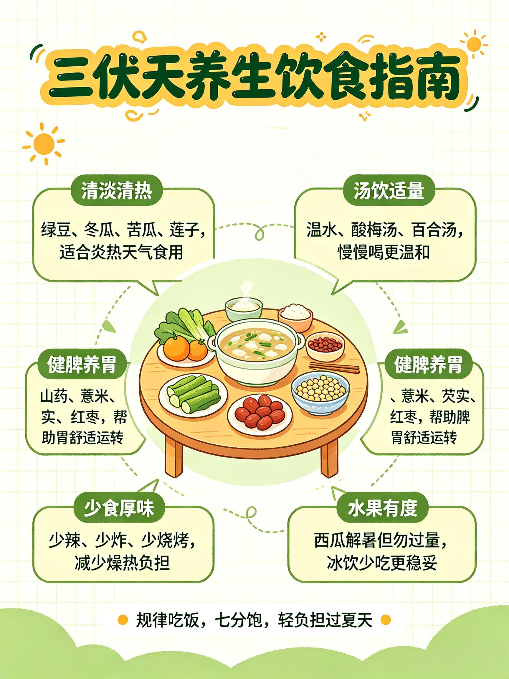 养生科普｜三伏天养生指南 轻松度过“苦夏”🔥一进三伏天又闷又湿，动不动浑身黏腻、没胃口饮食真的不能乱吃喝！整理好全套养生饮食攻略，全家都适用✨✅宜吃清热祛湿：绿豆、冬瓜、苦瓜、荷叶、薏米消解暑气，排出体内湿气，告别浑身沉重✅健脾养胃好物：山药、莲子、小米、南瓜三伏天脾胃虚弱，多吃温和食材，少吃生冷伤胃✅出汗记得补钾补水：香蕉、菠菜、橙子、温水别只猛灌冰水，温汤温水恢复体力更快❌三伏避雷清单少冰饮、冰西瓜、高糖甜品、油炸烧烤寒凉重油会加重身体负担，容易乏力犯困🍚三餐小规矩早餐温热、午餐七分饱、晚餐清淡少油多喝绿豆汤、冬瓜汤，温热慢饮更养人苦味食材少量吃，清心消暑刚刚好顺时养生不用复杂，清淡有度、冷热平衡舒舒服服熬过闷热三伏天🌿