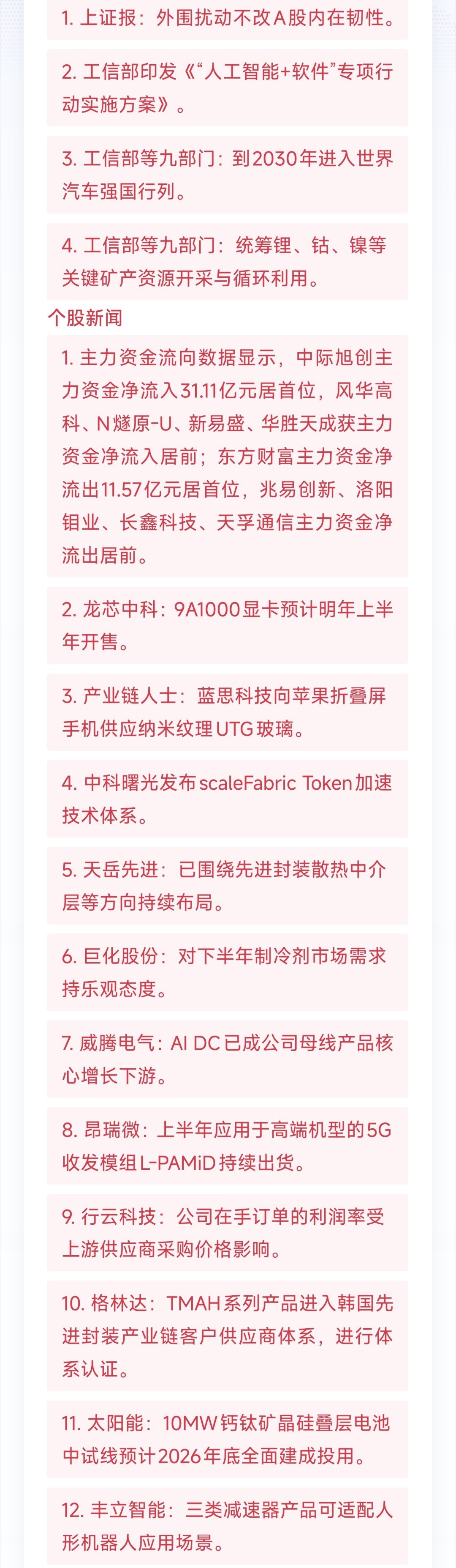 A股每日市场要闻回顾（2026-09-11）
重要新闻
1. 上证报：外围扰动不改A股内在韧性。
2. 工信部印发《“人工智能+软件”专项行动实施方案》。
3. 工信部等九部门：到2030年进入世界汽车强国行列。
4. 工信部等九部门：统筹锂、钴、镍等关键矿产资源开采与循环利用。
个股新闻
1. 主力资金流向数据显示 ​
