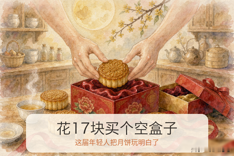 花17块买个空盒子，这届年轻人把月饼玩明白了

中秋还没到，浙江一位大哥先火了。他网购了个空月饼礼盒，17块钱，再买点散装月饼，自己动手一装——总成本不到25块，包出了看起来一百多的效果。评论区都在喊：怒省一百多！

说实话，这事看着好笑，其实特别清醒。

以前买月饼，你买的真是月饼吗？不是。是那个