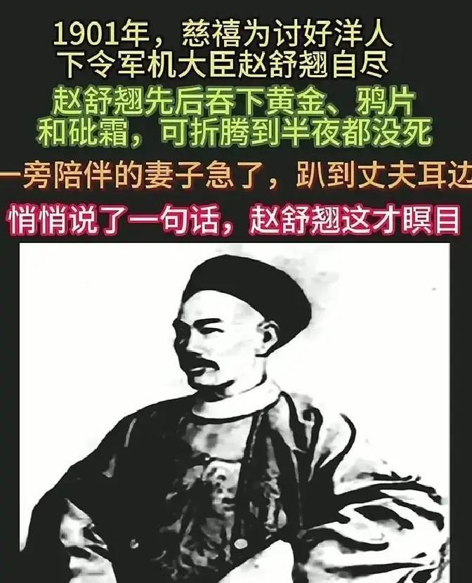 1901年，慈禧为了取悦洋人，命令军机处大臣赵舒翘自杀。上午八点，赵舒翘接连吃了金子、鸦片、砒霜，却一直熬到了午夜都仍未死去。
 
屋里就剩一个老仆守着。赵舒翘侧躺在床上，眼睛盯着帐子顶，喉咙里发出嗬嗬的声音，像拉风箱。老仆拿布给他擦额头的汗，手有点抖。
 
“老爷，再喝口水？”
 
赵舒翘摇了摇头