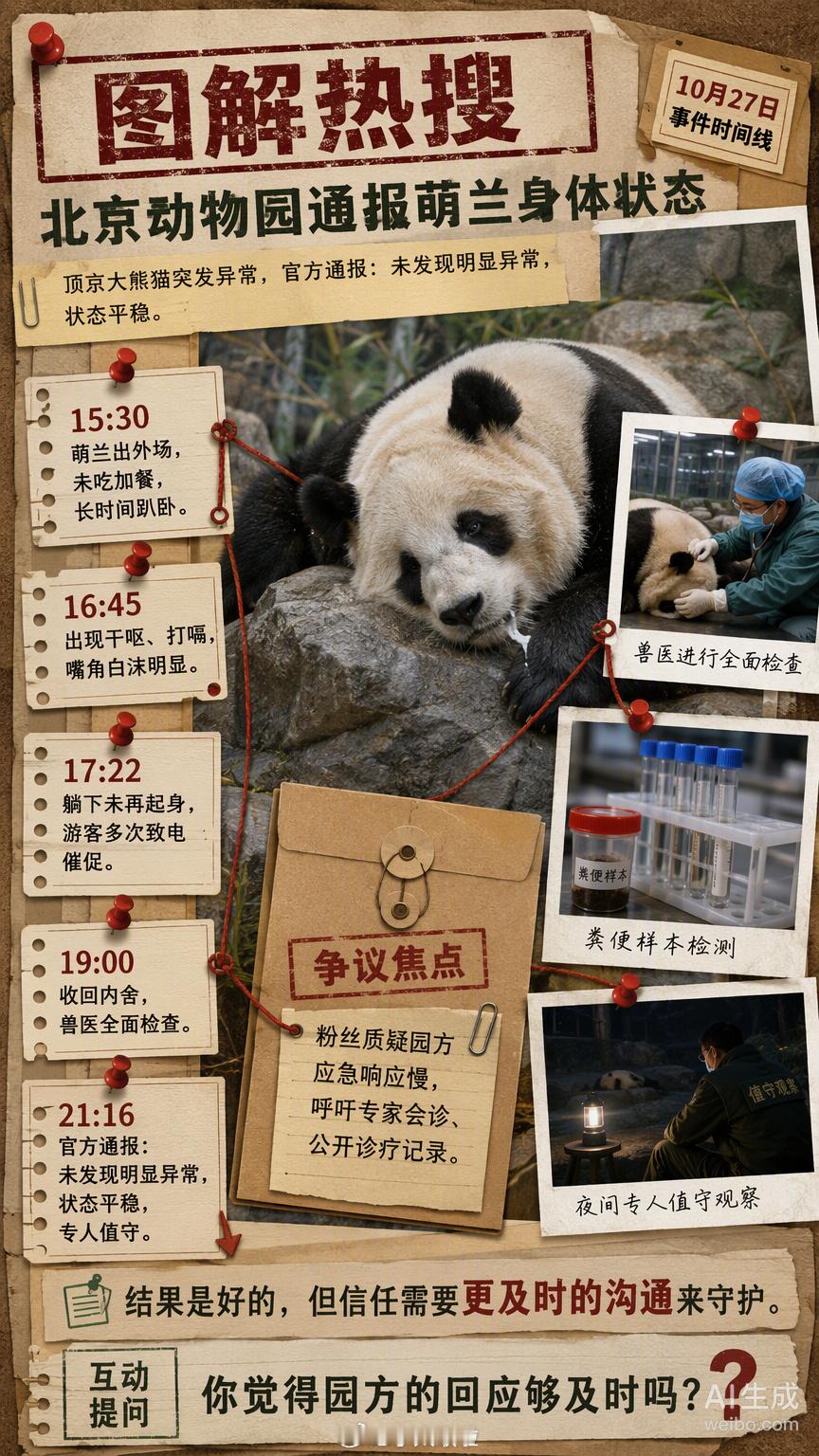 萌兰在假山上趴了好几个小时，没吃加餐，还出现干呕，嘴角带着白沫。在场游客急得不行，一遍遍打电话催园方收猫。直到晚上七点左右，萌兰才被收回内舍，九点多园方发了通报，说经过全面检查和粪便检测，没发现明显异常，目前状态平稳，晚上也安排了专人值守观察。

这算是个让人安心的结果。萌兰之前就 ​