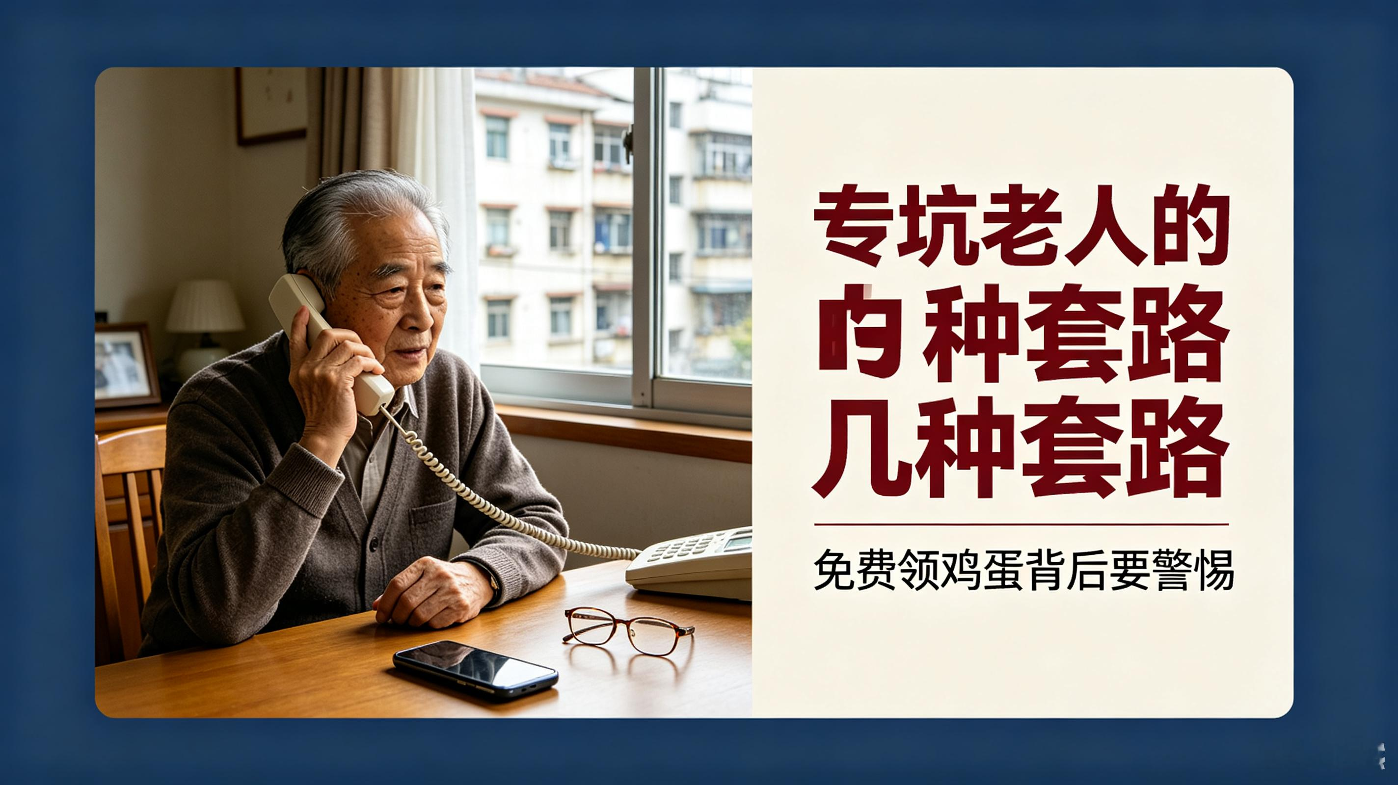 专骗老年人的4个常见套路，家里有老人一定要看
 

 
现在很多骗子，不骗年轻人，专门盯着退休老人。
 
因为老人心软、善良、不懂网络套路，还总想着省钱、养生、多存点钱，很容易被钻空子。
 
生活里最常见的4个养老骗局，一定要记牢：
 
第一、免费领鸡蛋、免费体检
看似免费福利，实则推销高价保健品、