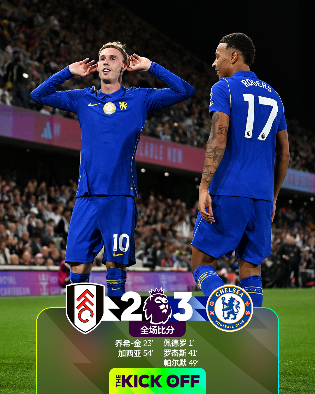 全场比分 | 富勒姆 2-3 切尔西

⚽第1分钟，帕尔默前场抢下球给到身前，佩德罗带球突破到禁区挑射破门。
⚽第23分钟，卡斯塔涅前场右路斜传送禁区，乔希-金跟进小角度抽射破门。
⚽第41分钟，拉克鲁瓦右路突破下底横敲，罗杰斯推射破门。
⚽第49分钟，佩德罗禁区内拿球直传，帕尔默突破到门前小角度推