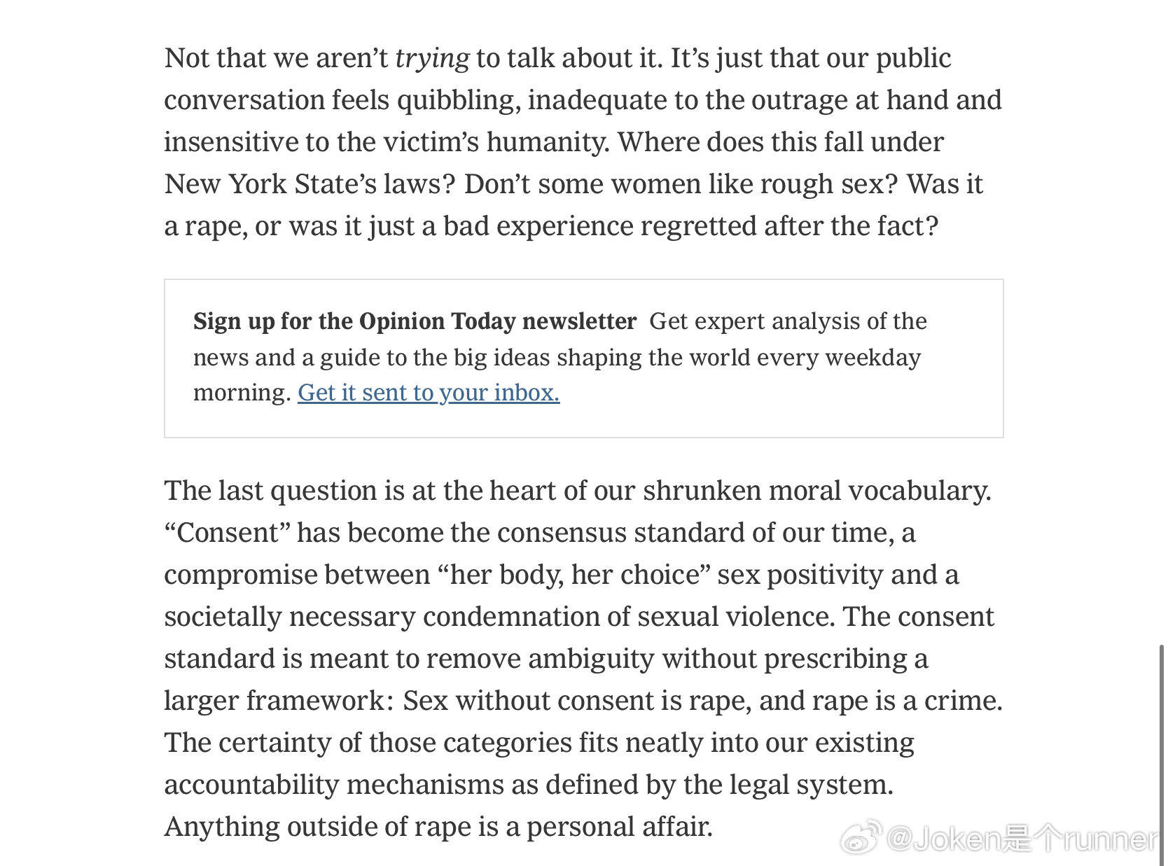 NYT的文章，我们不知道该如何谈论康奈尔大学事件We Don’t Know How to Talk About Cornell

克里斯蒂娜·恩巴（Christine Emba）

恩巴是《纽约时报》观点版特约撰稿人，也是《重新思考性：一场挑衅性的讨论》（Rethinking Sex: A Provocation）一书的作者。

未经同意的性行为永远是错误的，但这并不 ​