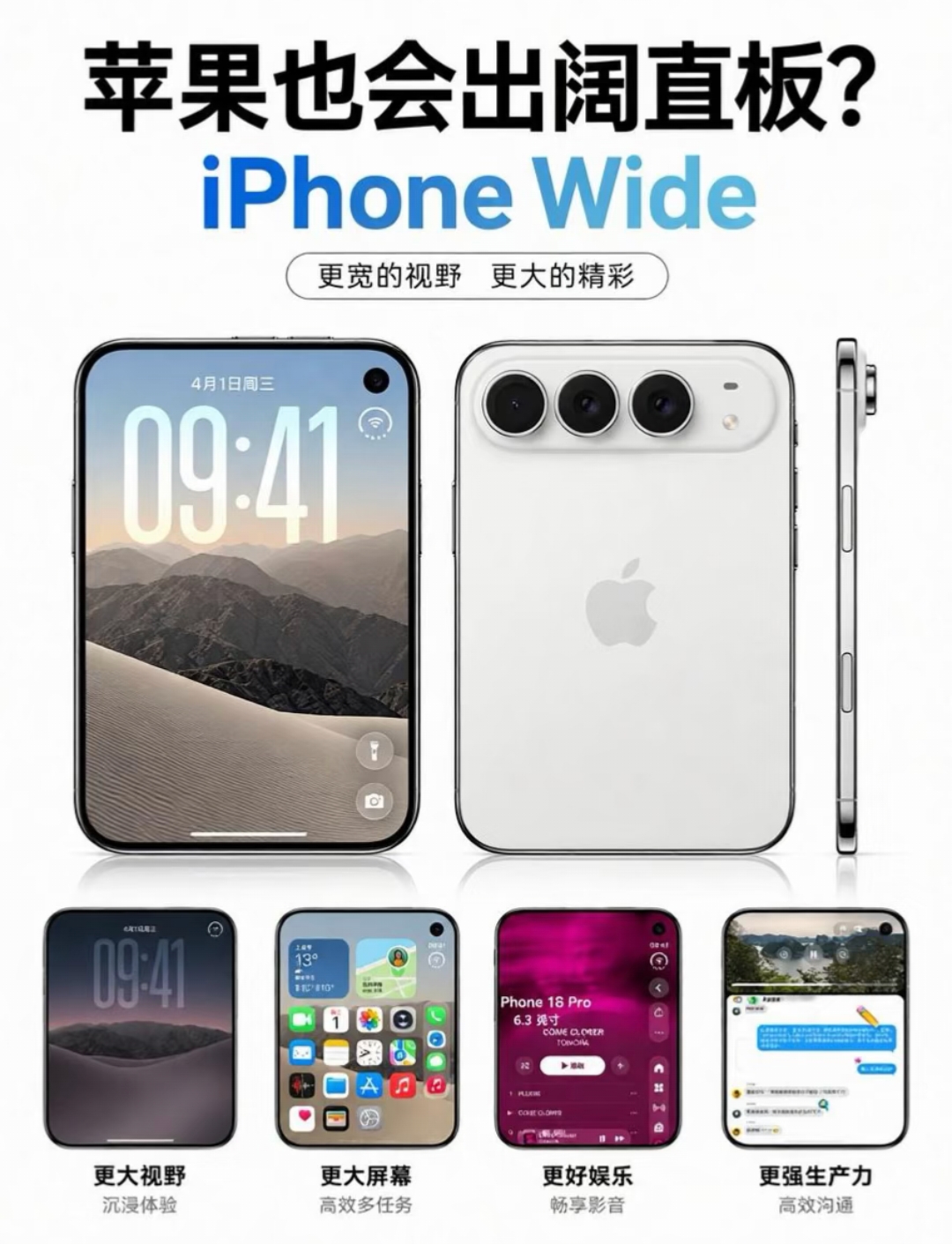 Wide 阔直板曝光 
据说宽屏比例约16:10，比传统20:9细长屏横竖显示面积多16%~21%，追剧黑边更小、看文档一屏多显几列。
单手友好：机身比Pro更轻更窄，钛金属边框对标Pro质感，单手操作无压力。
规格不缩水：完整旗舰配置，非入门简配，目标是不爱大屏、对折叠屏无感的用