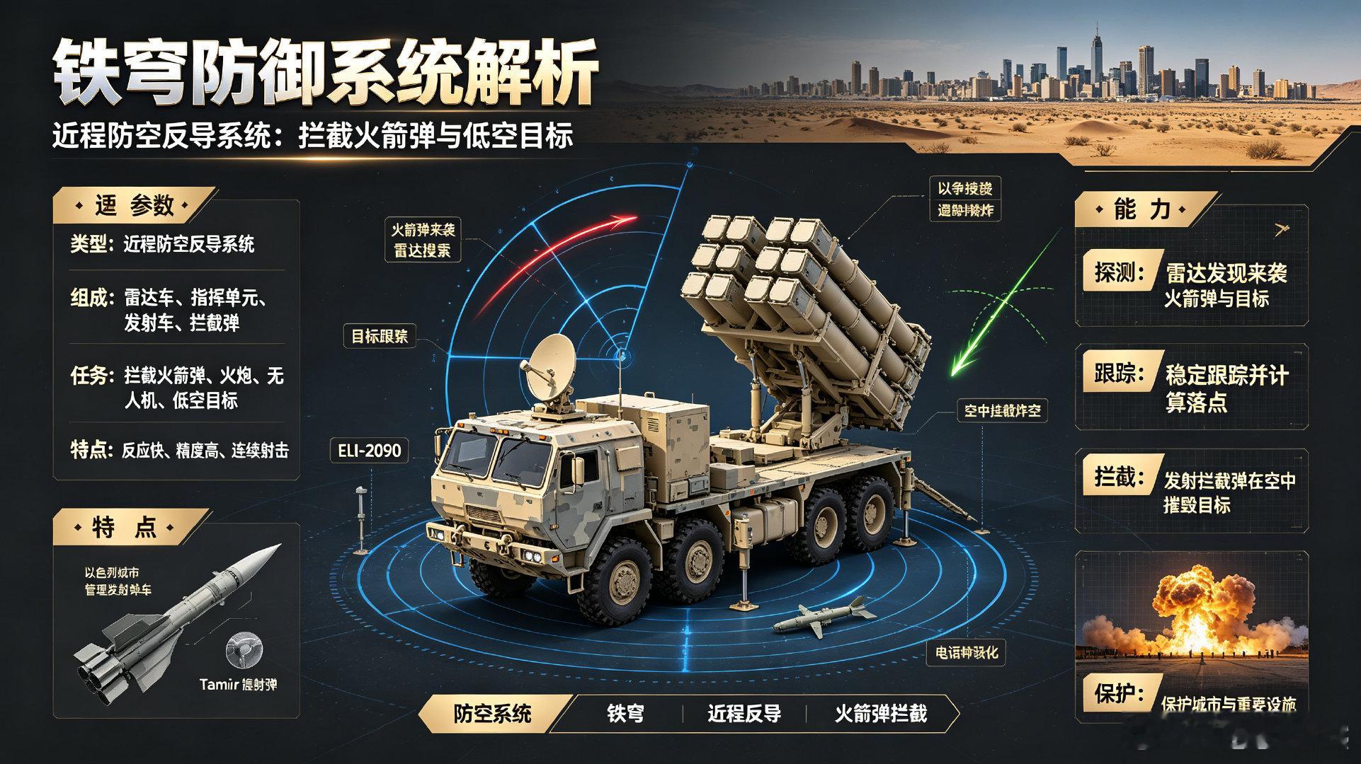 铁穹防御系统，以色列近程防空反导系统。雷达发现来袭火箭弹、炮弹和无人机，战斗管理单元判断威胁，Tamir拦截弹在杀伤区摧毁目标，用于保护城市与重要设施。
 
#每天认识一件兵器##军事ai新视野##全球武器装备盘点# ​