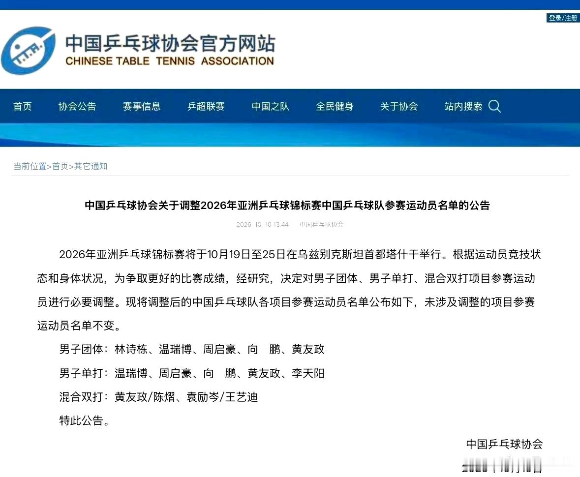 中国乒协：取消林诗栋2026亚锦赛男子单打、混双（与蒯曼配对）的参赛报名，取消梁靖崑男子单打、男子团体的参赛报名。
林诗栋只参加男双和团体，原来有伤病是可以调整&