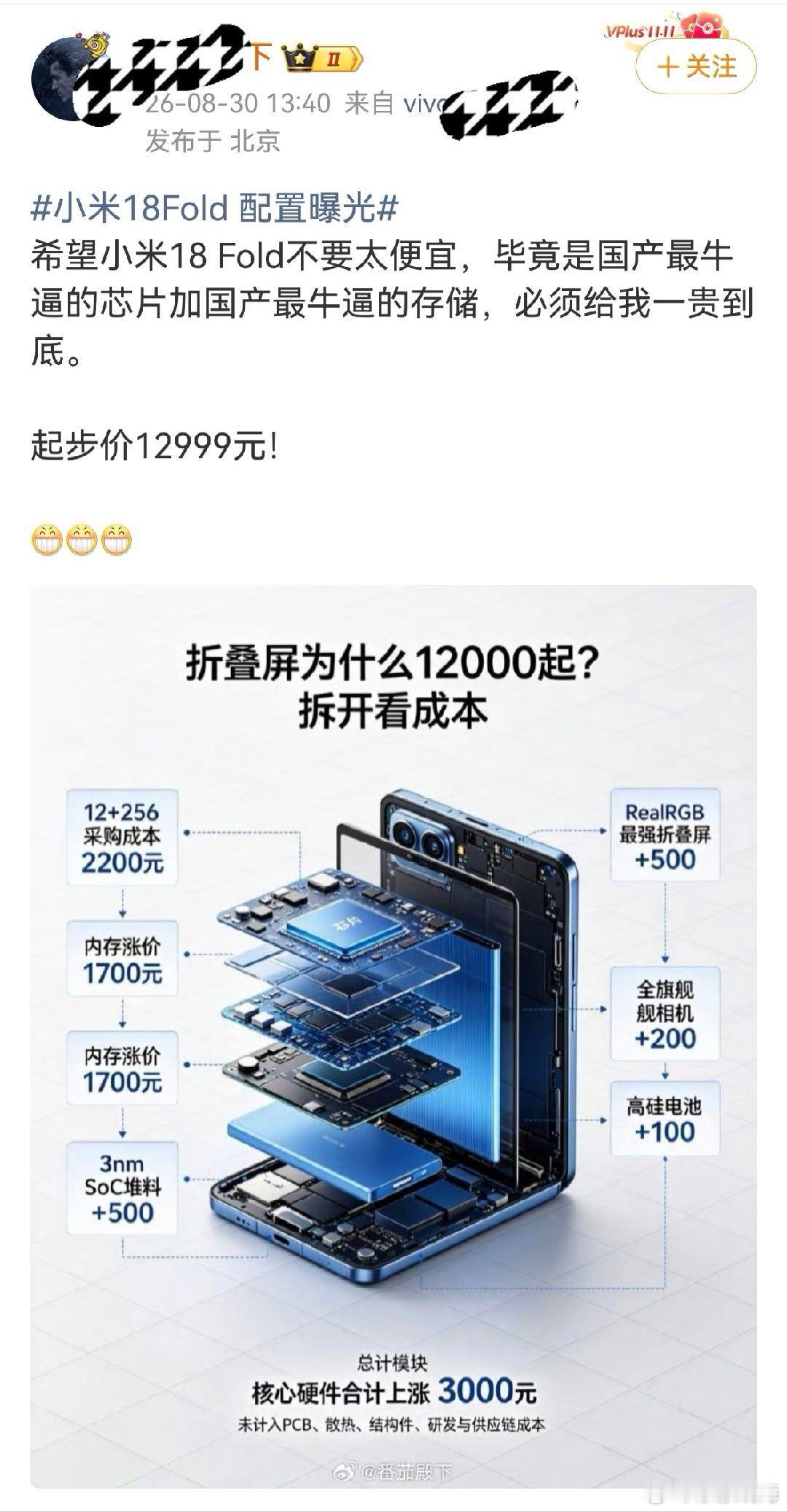 博主还是太保守了，我建议19999起，遥遥领先、超高端不就都成了吗？ ​​​#小米18fold# ​