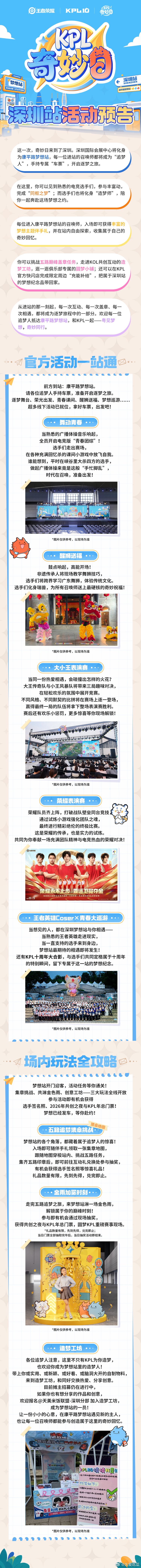 #奇妙日深圳站活动预告#

奇妙日深圳站活动预告

现场看选手做广播体操、玩怀旧小游戏、学醒狮，还又“大小王”趣味对抗赛和荣耀表演赛；同时会有王者Coser巡游、选手见面及十周年大合影。

进场后拿集章地图，完成五个打卡任务可以兑换礼品、抽选手签名照；
走完全程还能参与“金色雨”抽奖，有机会获 ​