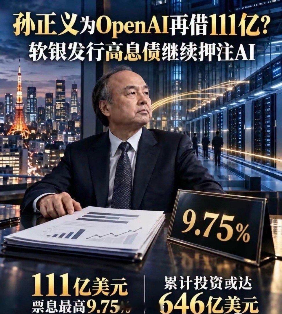 亚洲首富孙正义，正在满世界借钱。
​这次他借了110亿美元和10亿欧元，全部投向OpenAI。资金9月29日到账，10月1日就划转给OpenAI，在软银账上仅停留两天。这已是他今年第三笔大额借款，此前还有400亿美元过桥贷款和250亿美元Arm股权质押。
​说白了，孙正义正用借来的钱押注一家未上市公司。OpenAI推迟 ​