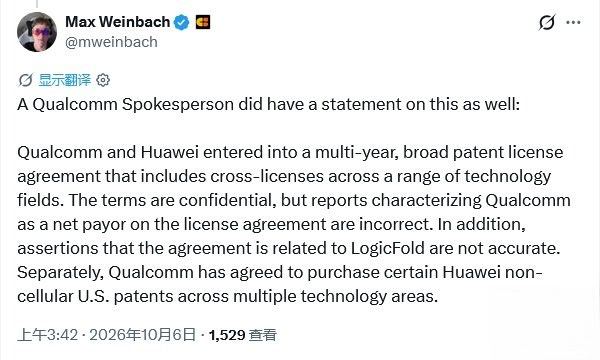 10月6日IT之家消息，高通发言人对外作出正式澄清。
高通与华为签署了一份多年期、范围广泛的专利许可协议，协议涵盖多个技术领域的交叉许可。协议条款属于保密内容，但有关高通是这份许可协议净付款方的相关报道并不准确。此外，声称这份协议与LogicFold逻辑折叠相关的说法也并不属实。另外，高通已经 ​