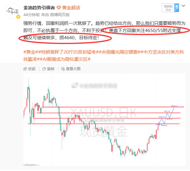 黄金最新报价4669！提前布局4655的多单目前拿下140点利润，跟进的朋友注意把控利润，稳健减仓，剩余仓位止损上移！没有来得及跟进的朋友，回撤下去可继续进场，最佳进场点4650！

#黄金##特朗普胖了20斤白宫却猛夸##央视曝光隔空猥亵##中方坚决反对美方科技霸凌##AI眼镜成为隐私重灾区# ​​​
