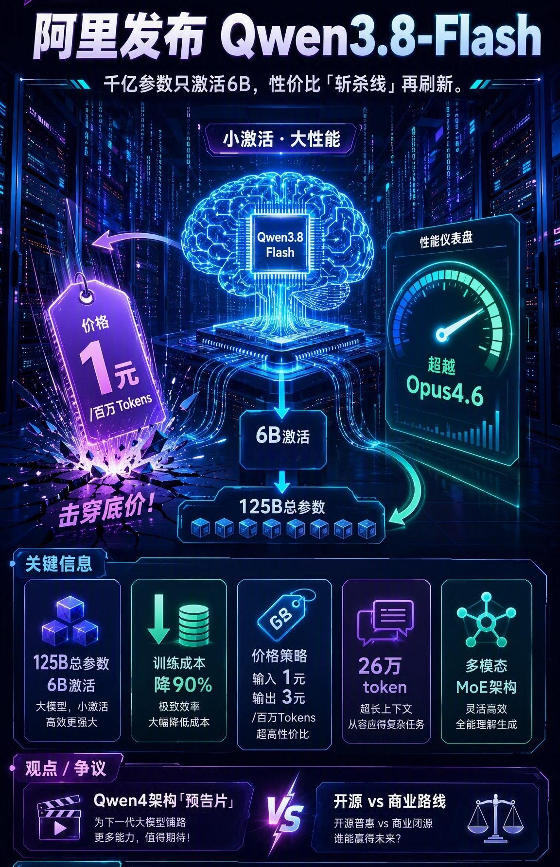 #阿里发布Qwen3.8Flash#据我这个半路出家的文科生了解到，该模型采用下一代 Qwen4 架构，总参数 125B，每 token 仅激活 6B，却实现了超越 Claude Opus4.6 的前沿性能，创下模型效率全球新基准。
架构上，Qwen3.8-Flash 带来四大革新：引入 QSA 稀疏注意力机制，1M 长上下文场景提速超 8 倍；自研 Gated ​