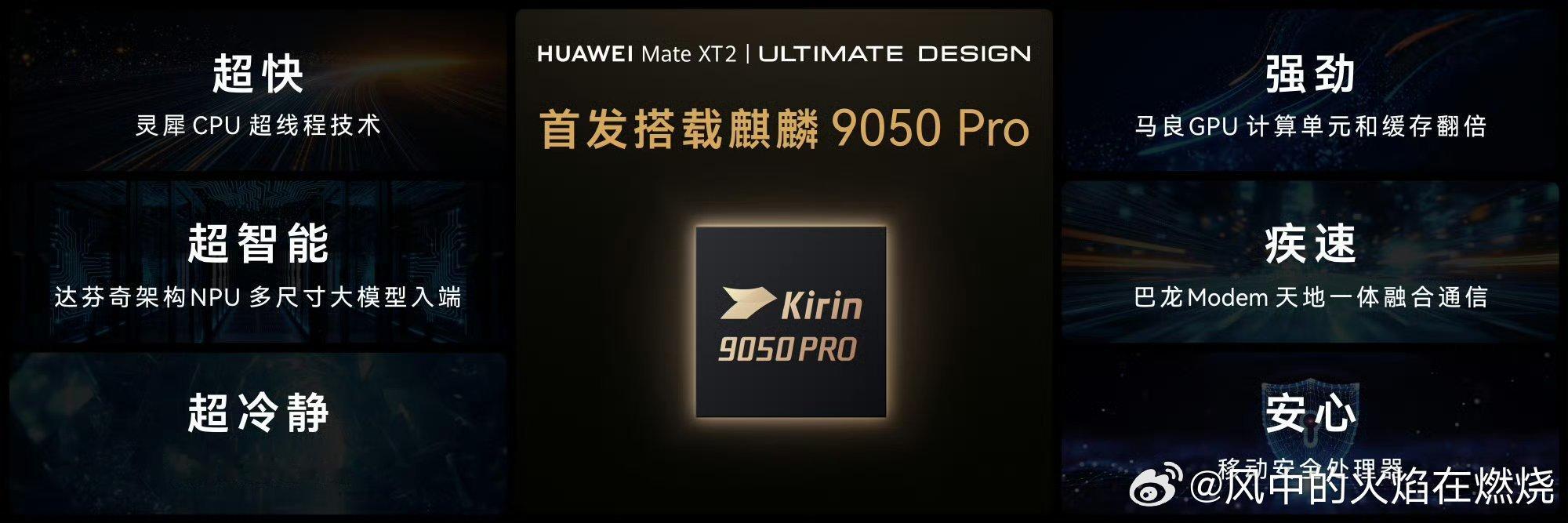 ##华为新三折叠全系搭载麒麟9050Pro##华为发布会时隔六年解读新麒麟芯片## 我的评分：[星星][星星][星星][星星][星星]
今天看了华为的发布会，真的有点想哭是怎么回事。从2020年Mate 40到现在的Mate XT 2，时隔六年，华为终于又完整解读了全新麒麟芯片。这次麒麟9050 Pro的首发，不仅是对三折叠手机性 ​