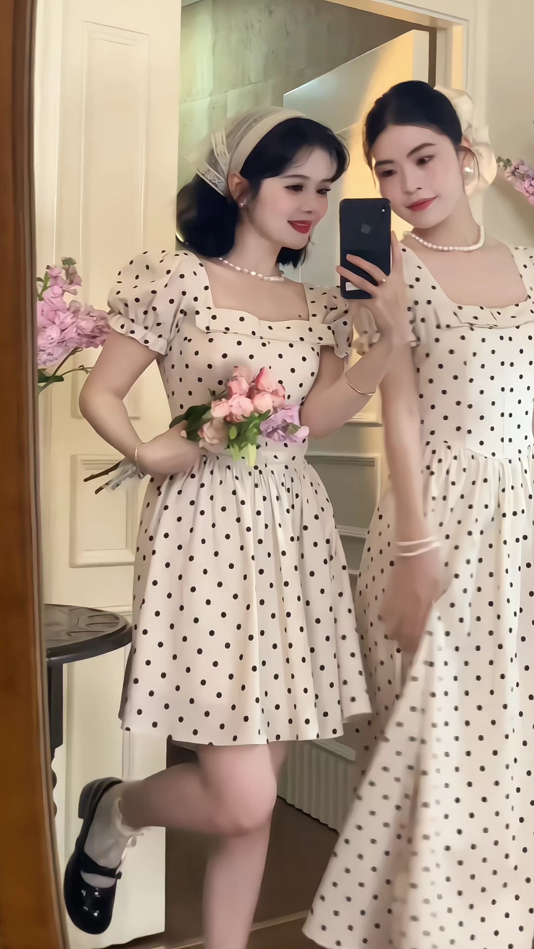 我天！老婆们都去穿这件法式气质波点连衣裙！方领蝴蝶结收腰显腰细，波点上...