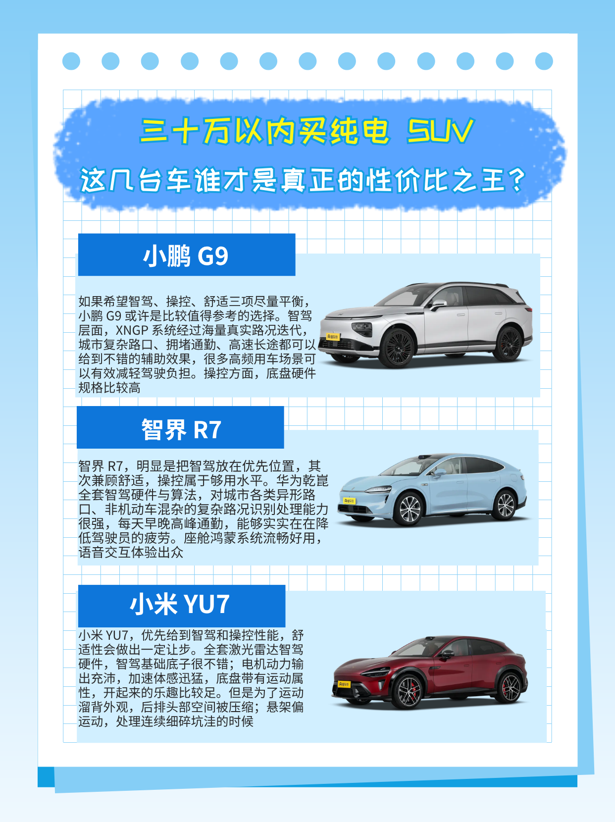 车型：小鹏 G9
指导价：26.39‑30.99 万元
正文：如果希望智驾、操控、舒适三项尽量平衡，小鹏 G9 或许是比较值得参考的选择。智驾层面，XNGP 系统经过海量真实路况迭代，城市复杂路口、拥堵通勤、高速长途都可以给到不错的辅助效果，很多高频用车场景可以有效减轻驾驶负担。操控方面，底盘硬件规